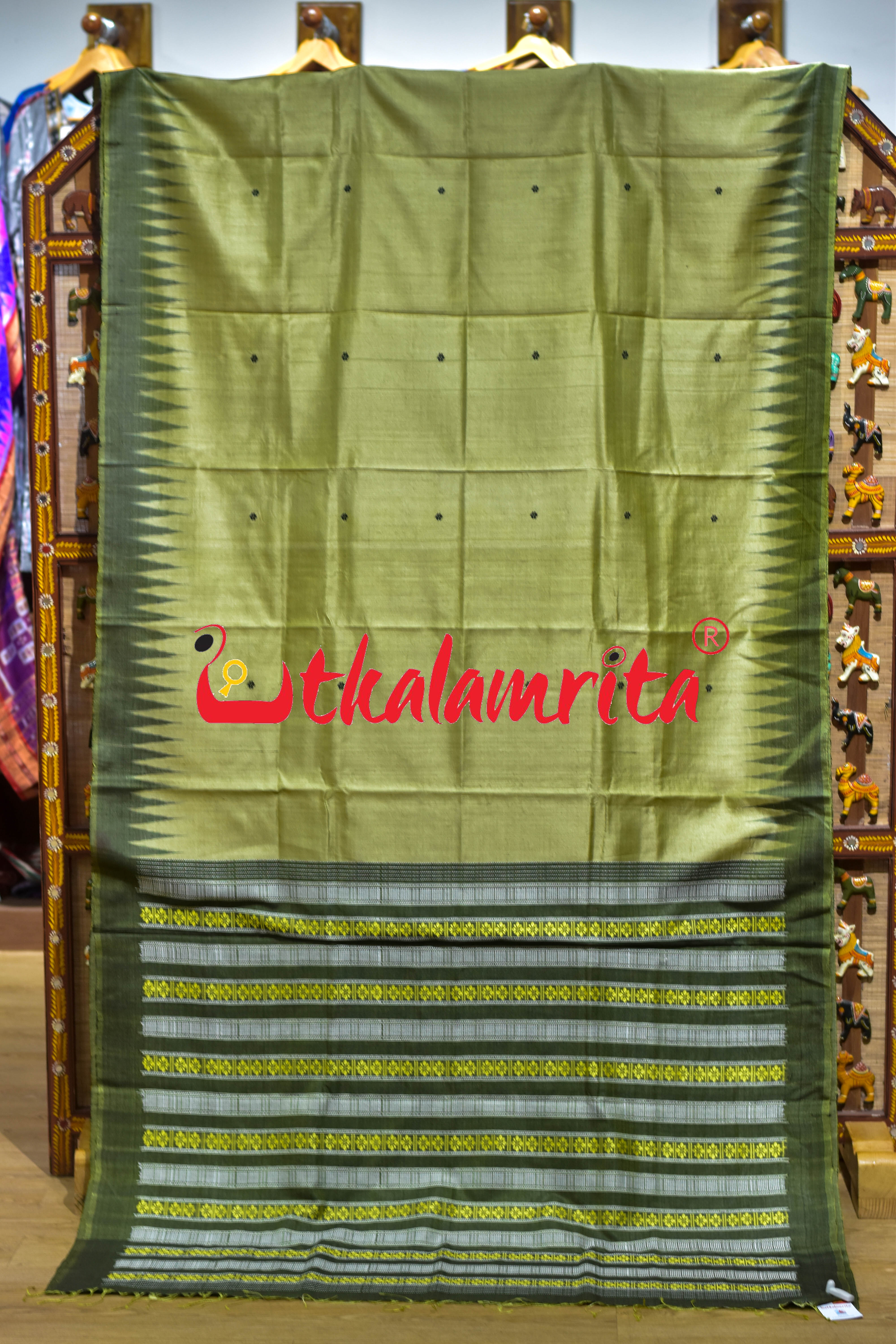 Mehndi Green Black Border Fine Gopalpur Tussar Silk Saree