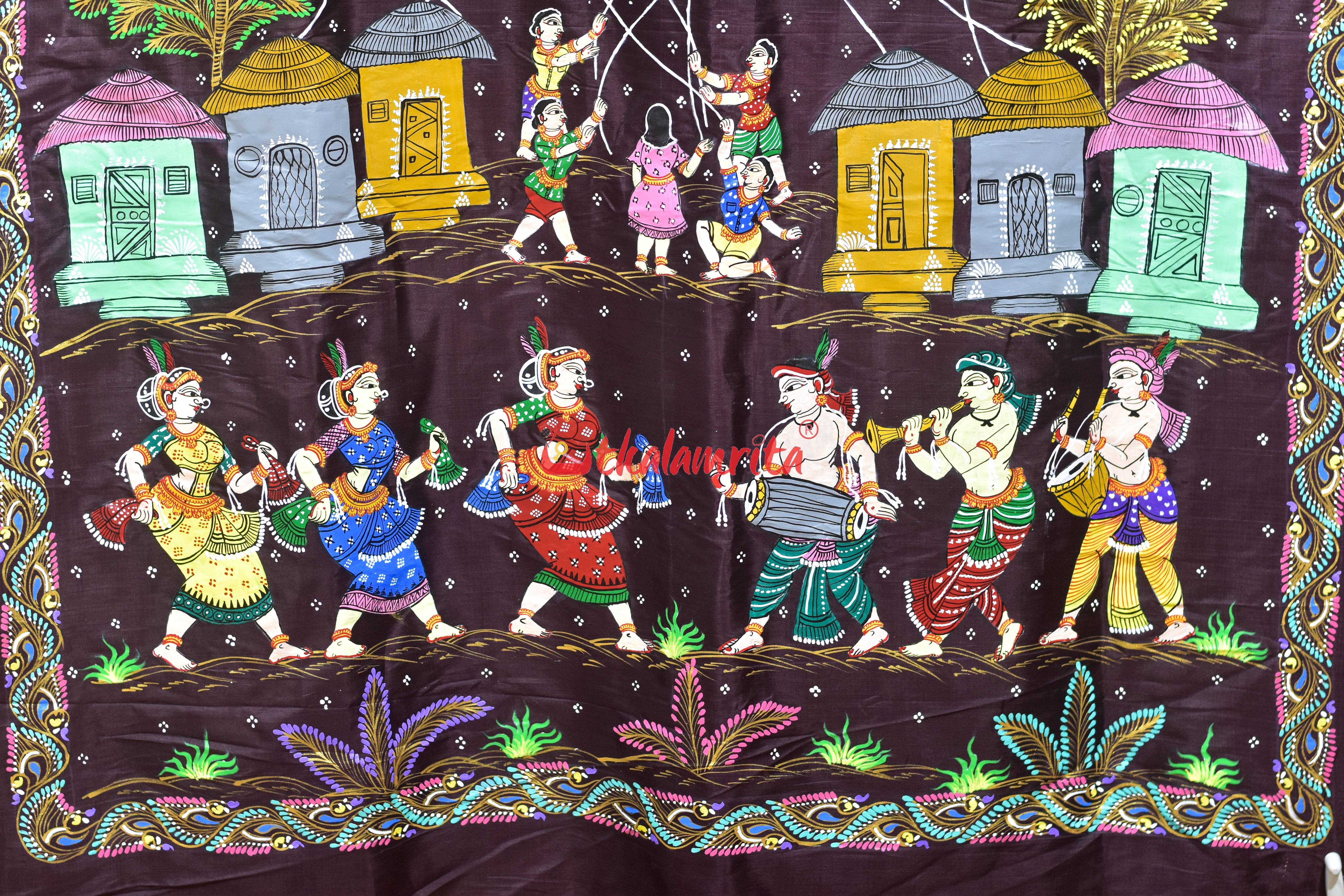 Coffee Makara Sankrati Pattachitra Silk Saree