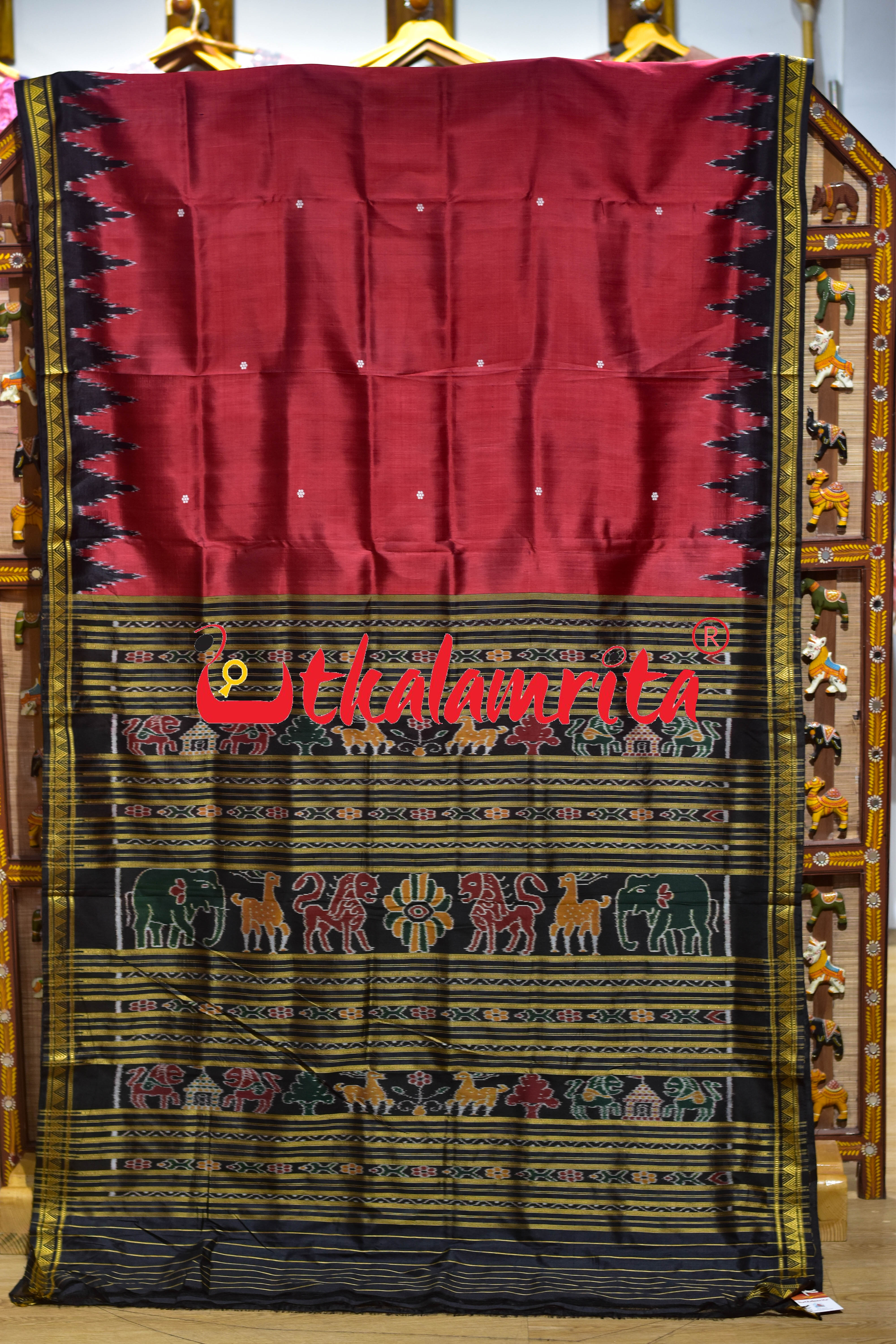Red Dongria Border Animal Anchal Khandua Silk Saree
