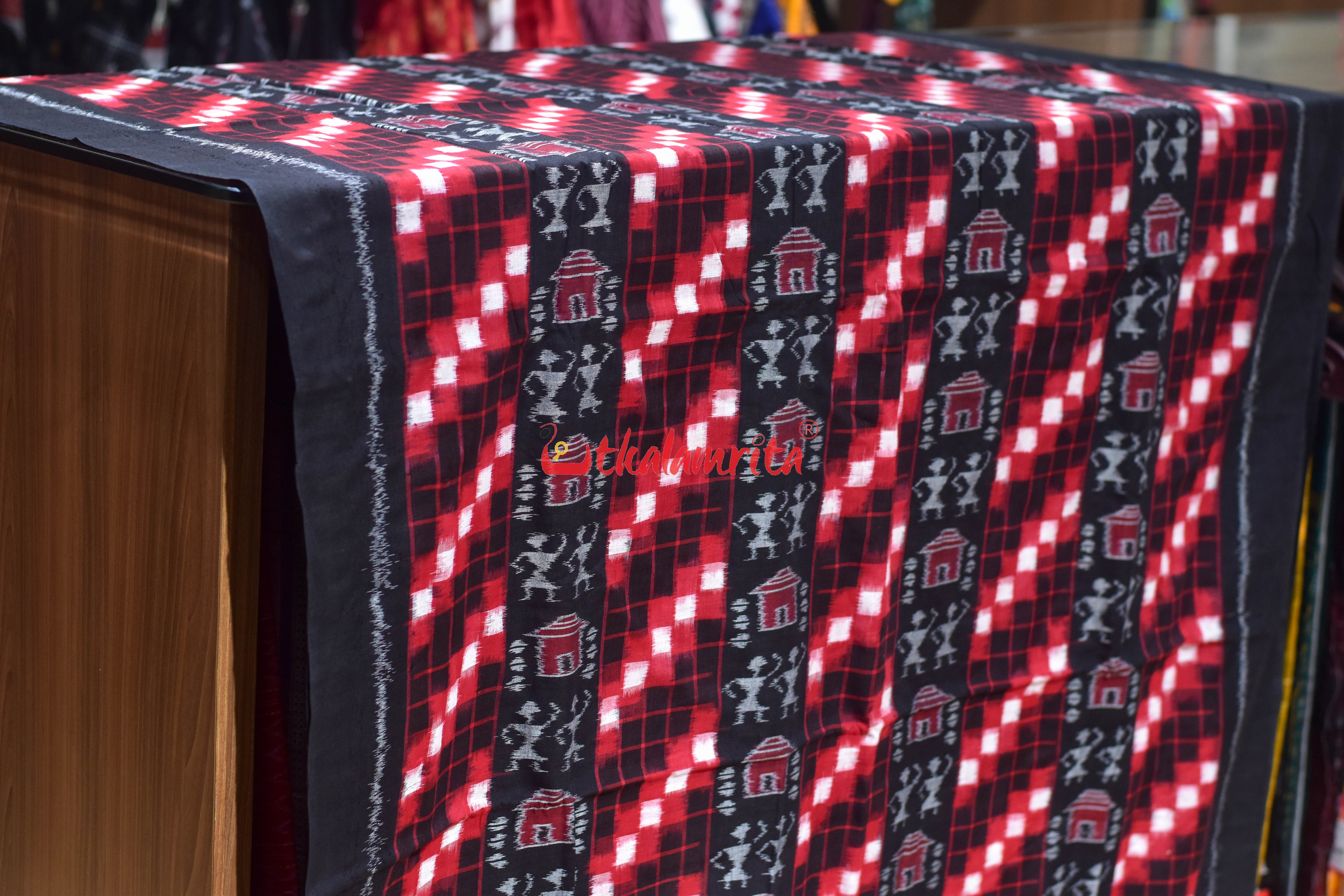 Black Red Tribal Lines Sambalpuri Cotton (Fabric)