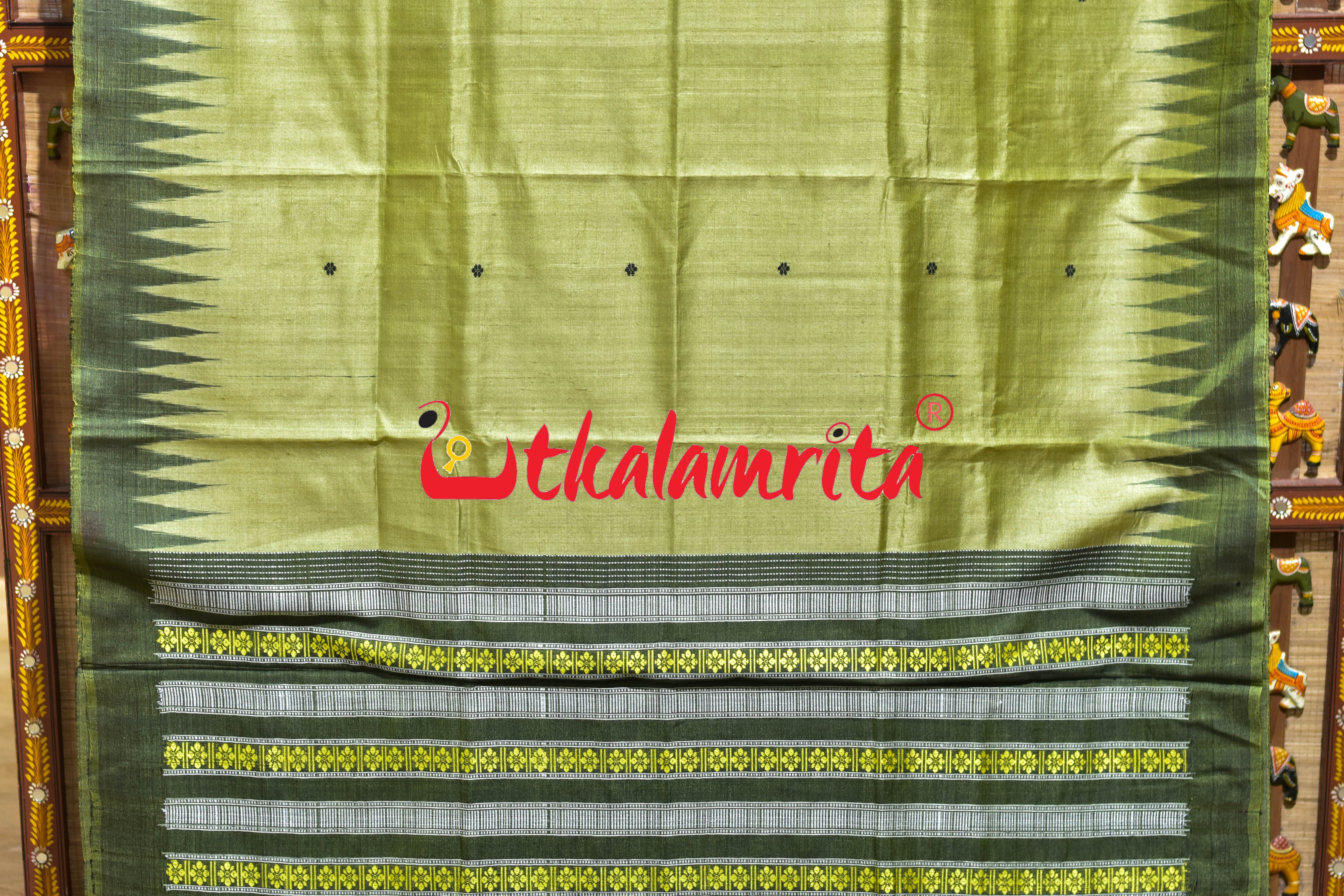 Mehndi Green Black Border Fine Gopalpur Tussar Silk Saree