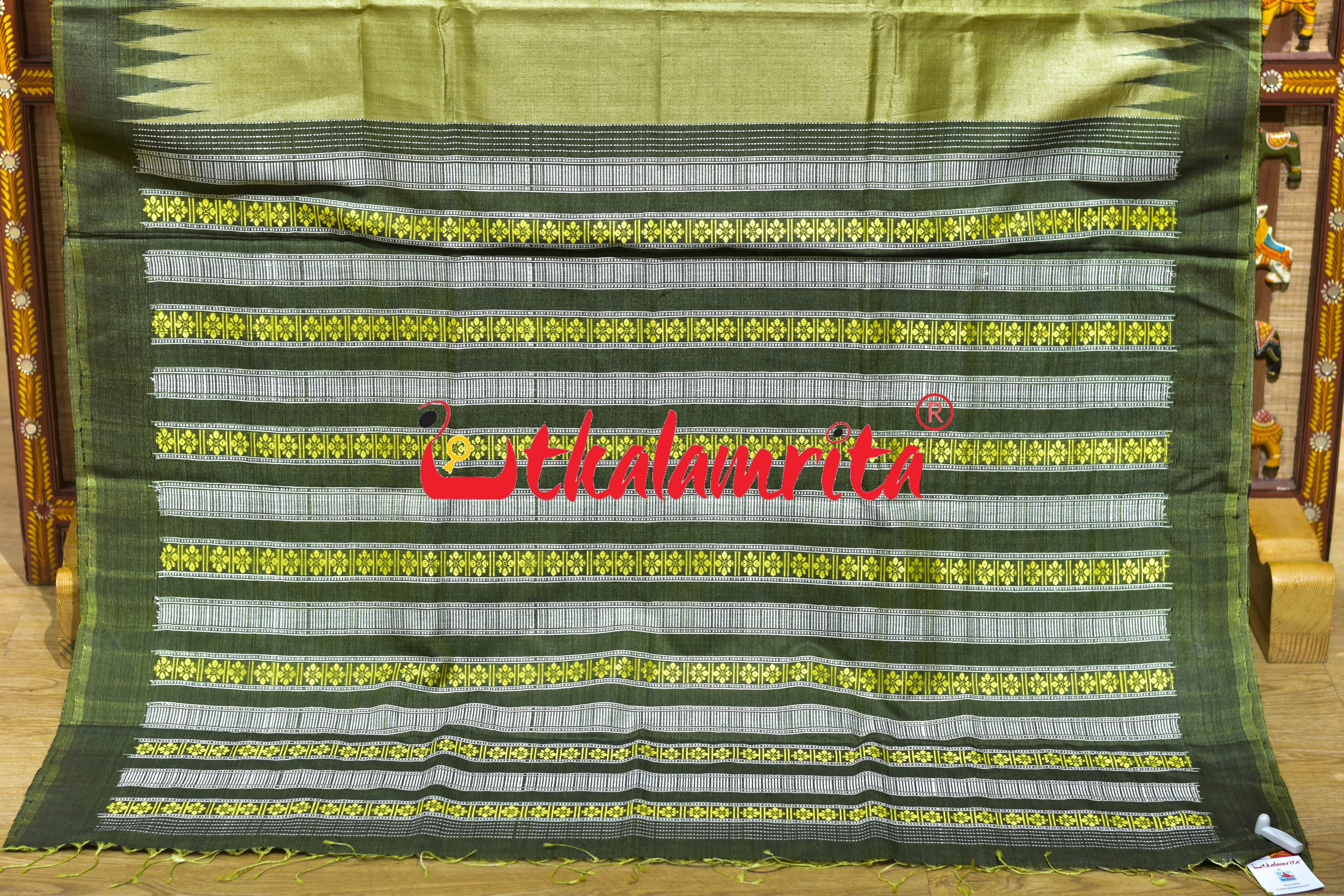 Mehndi Green Black Border Fine Gopalpur Tussar Silk Saree