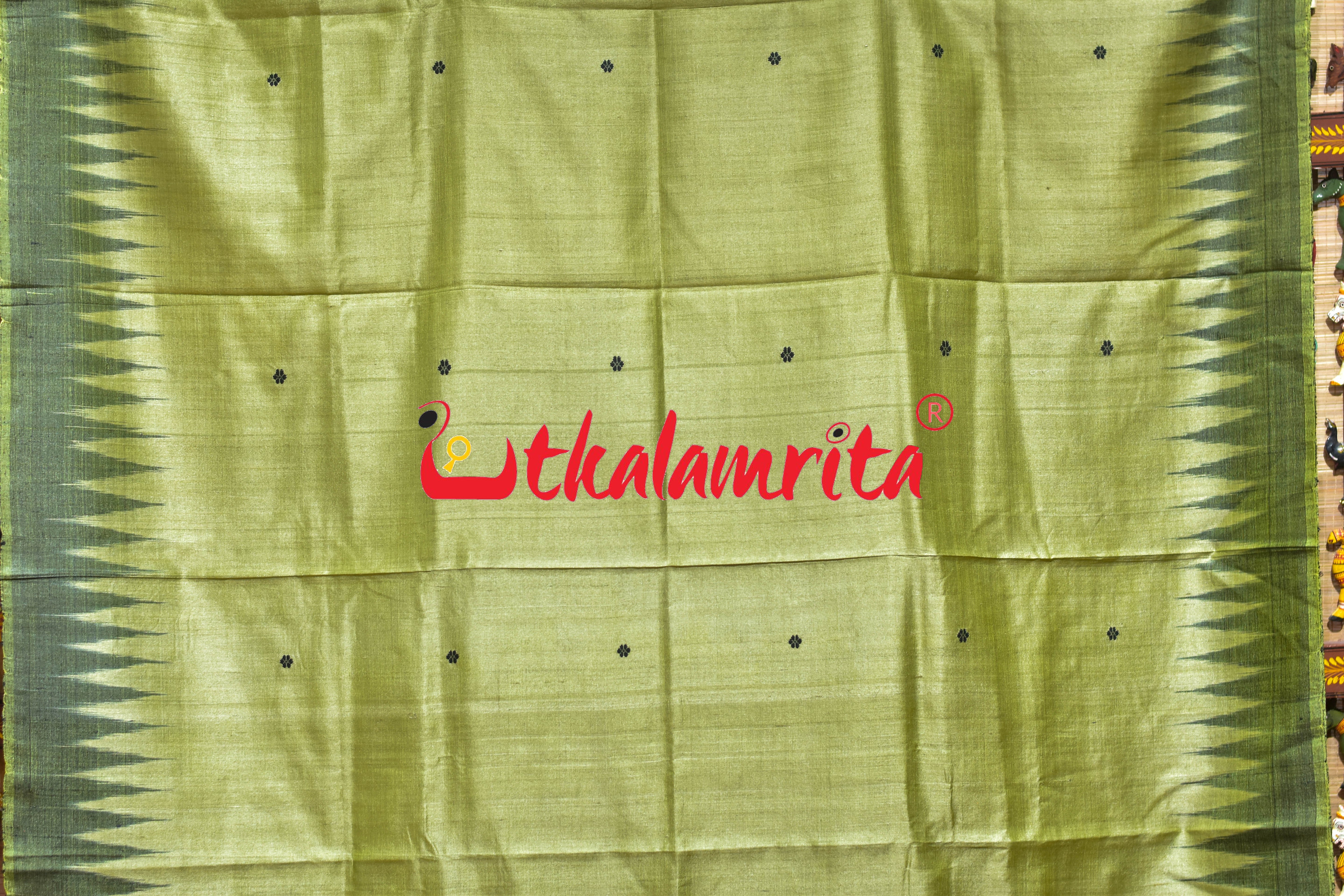 Mehndi Green Black Border Fine Gopalpur Tussar Silk Saree