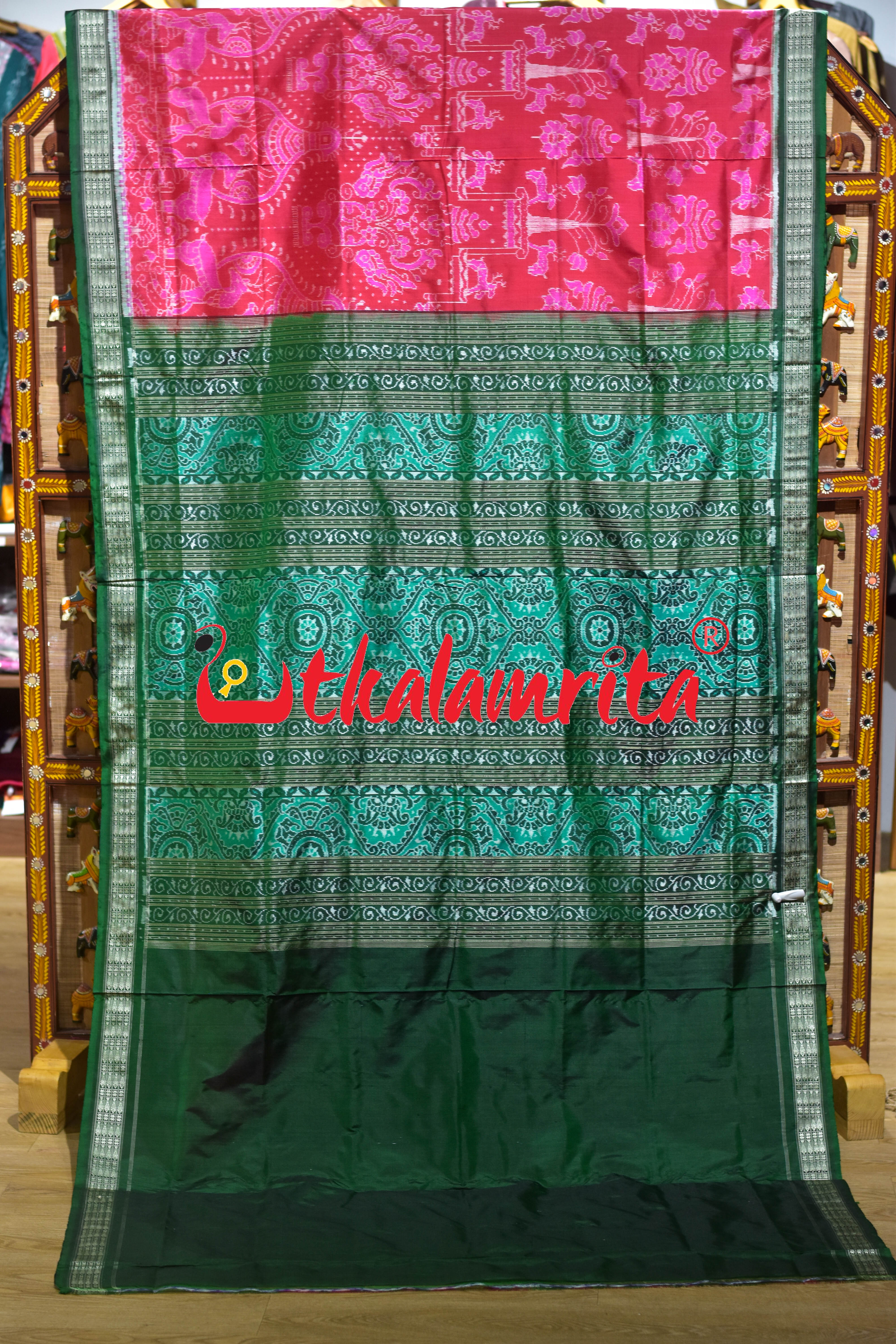 Pink Green Deer Sambalpuri Silk Saree