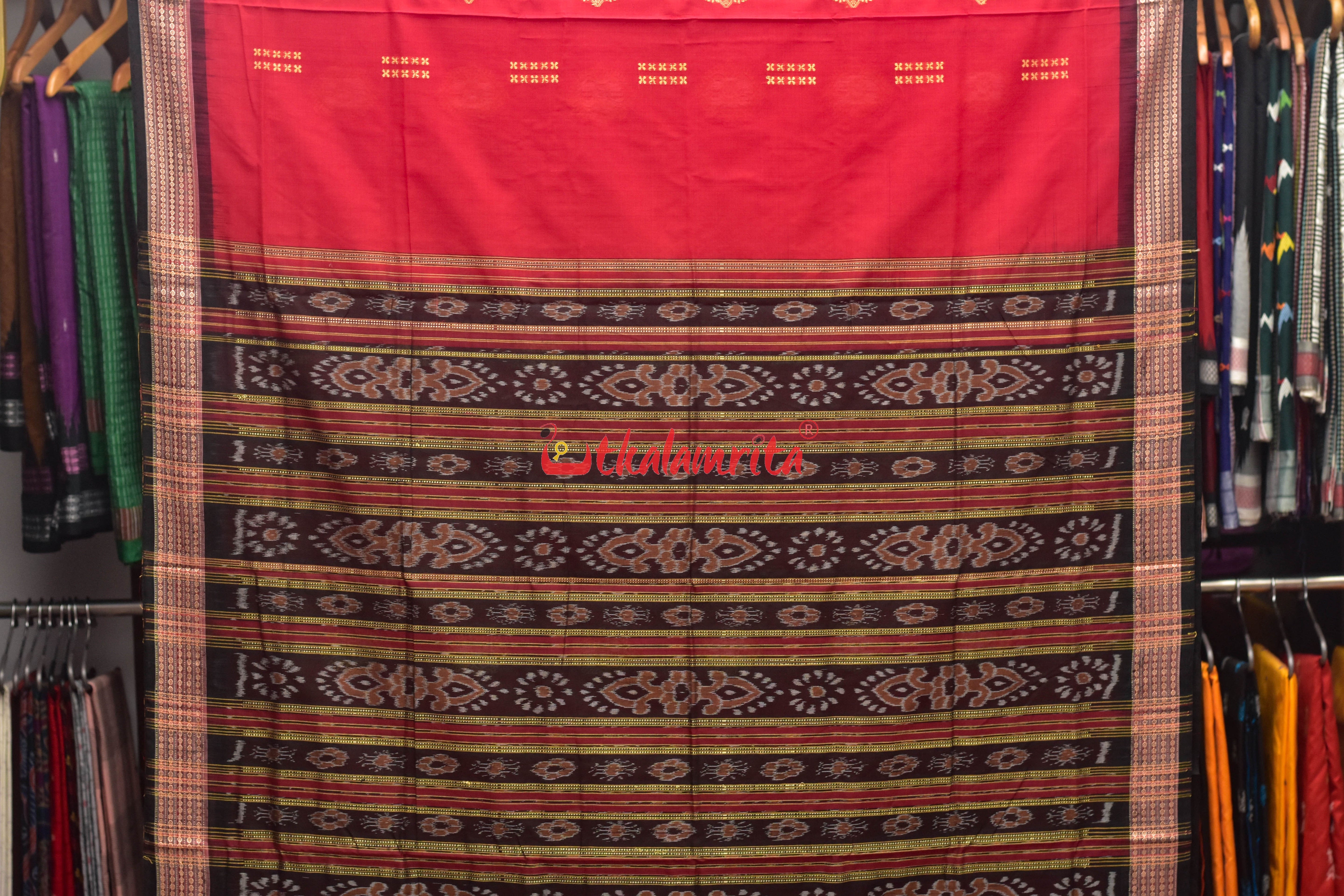 Red Black Anchal Bandha Padam Bomkai Cotton Saree