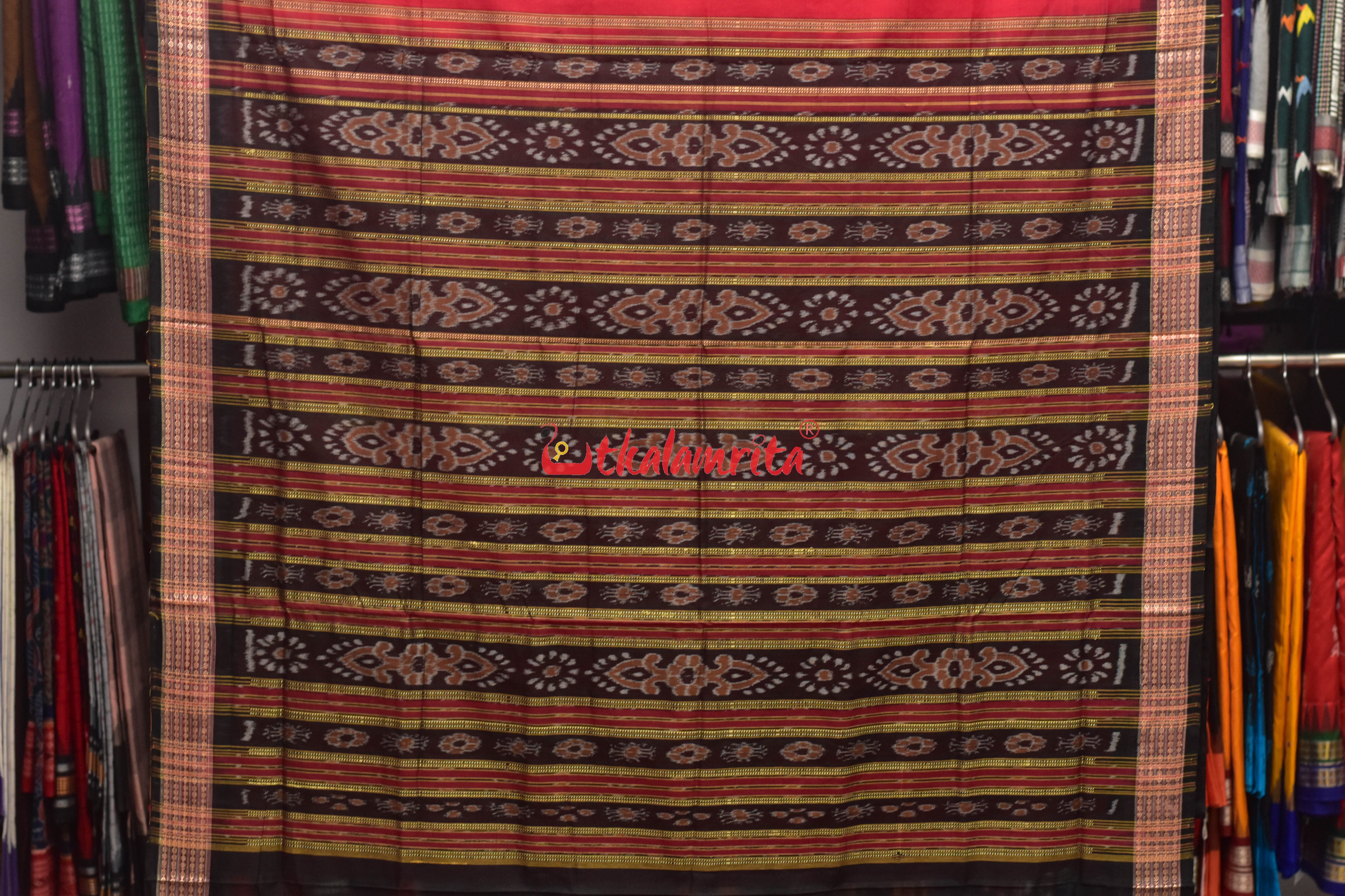 Red Black Anchal Bandha Padam Bomkai Cotton Saree