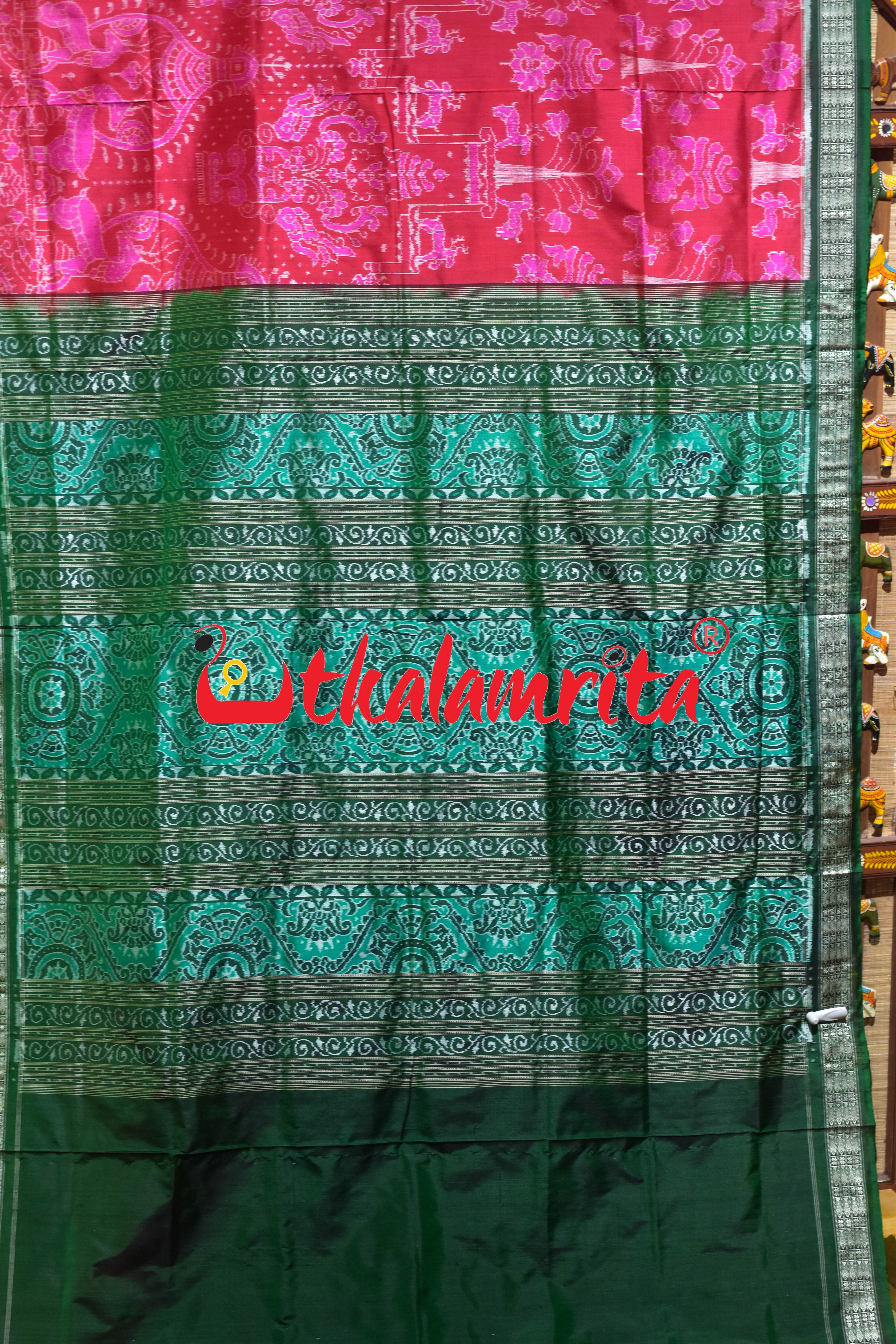 Pink Green Deer Sambalpuri Silk Saree