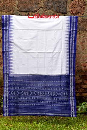 White Blue Kumbha Border Cotton Saree