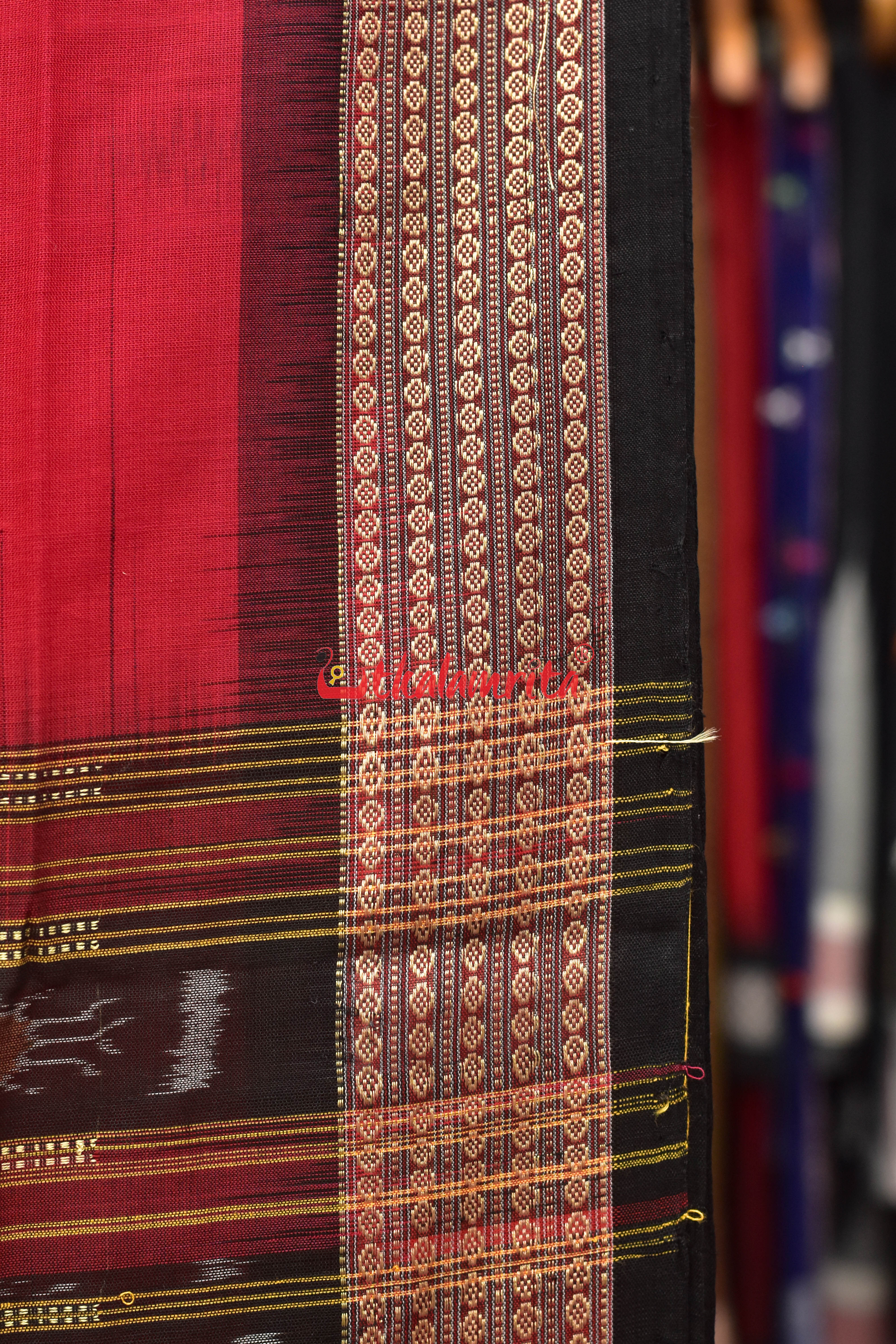 Red Black Anchal Bandha Padam Bomkai Cotton Saree