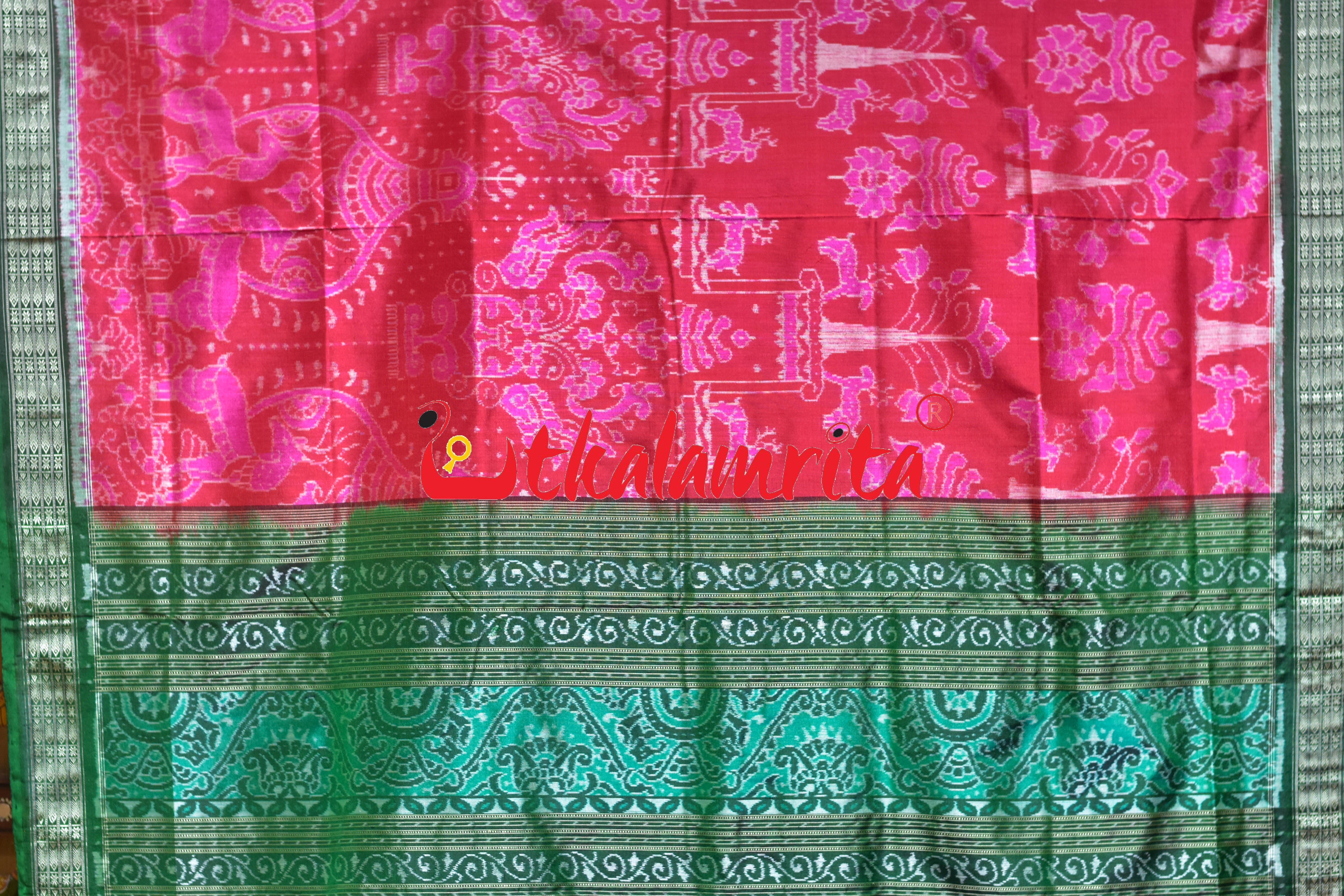 Pink Green Deer Sambalpuri Silk Saree