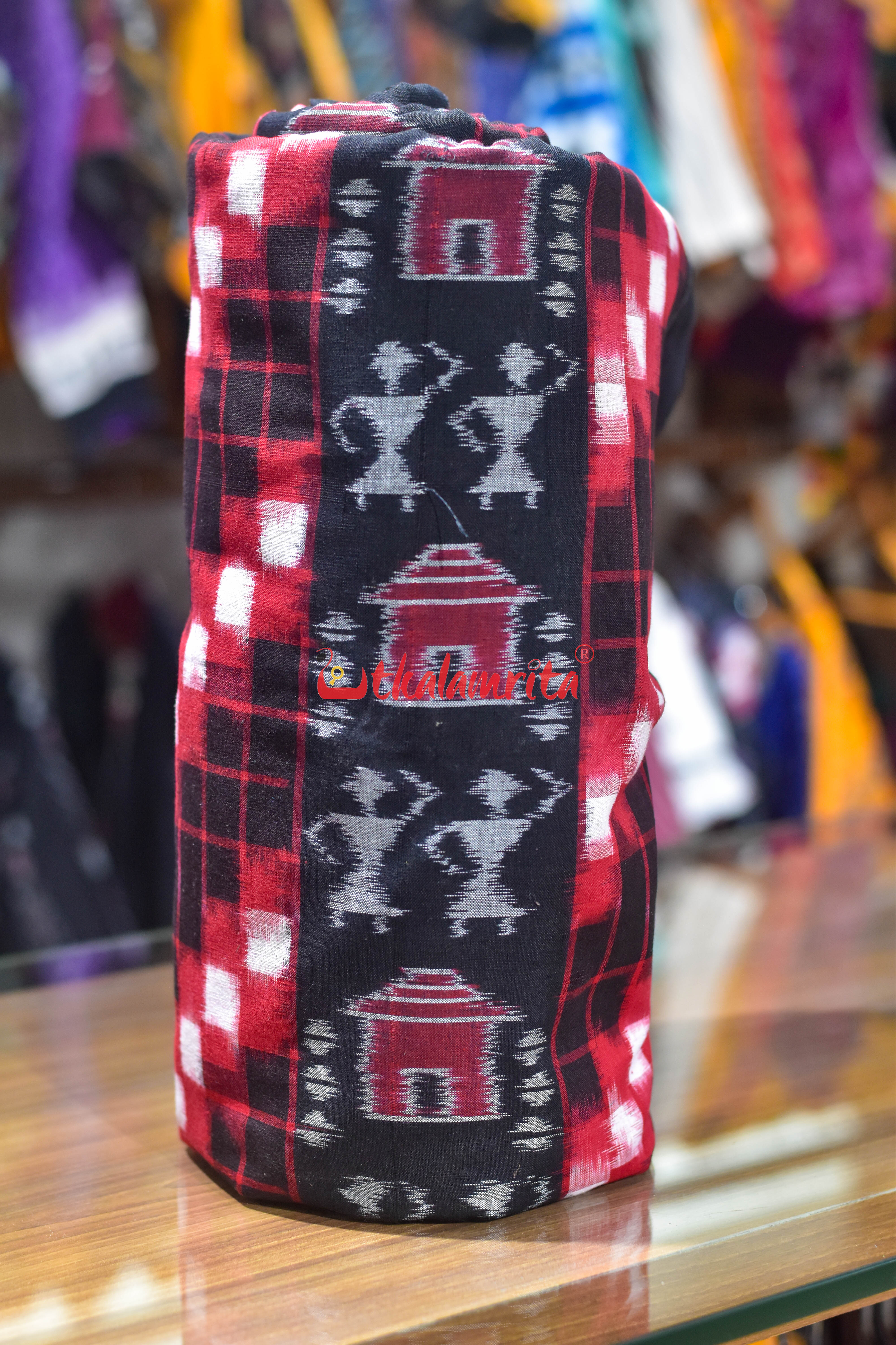 Black Red Tribal Lines Sambalpuri Cotton (Fabric)