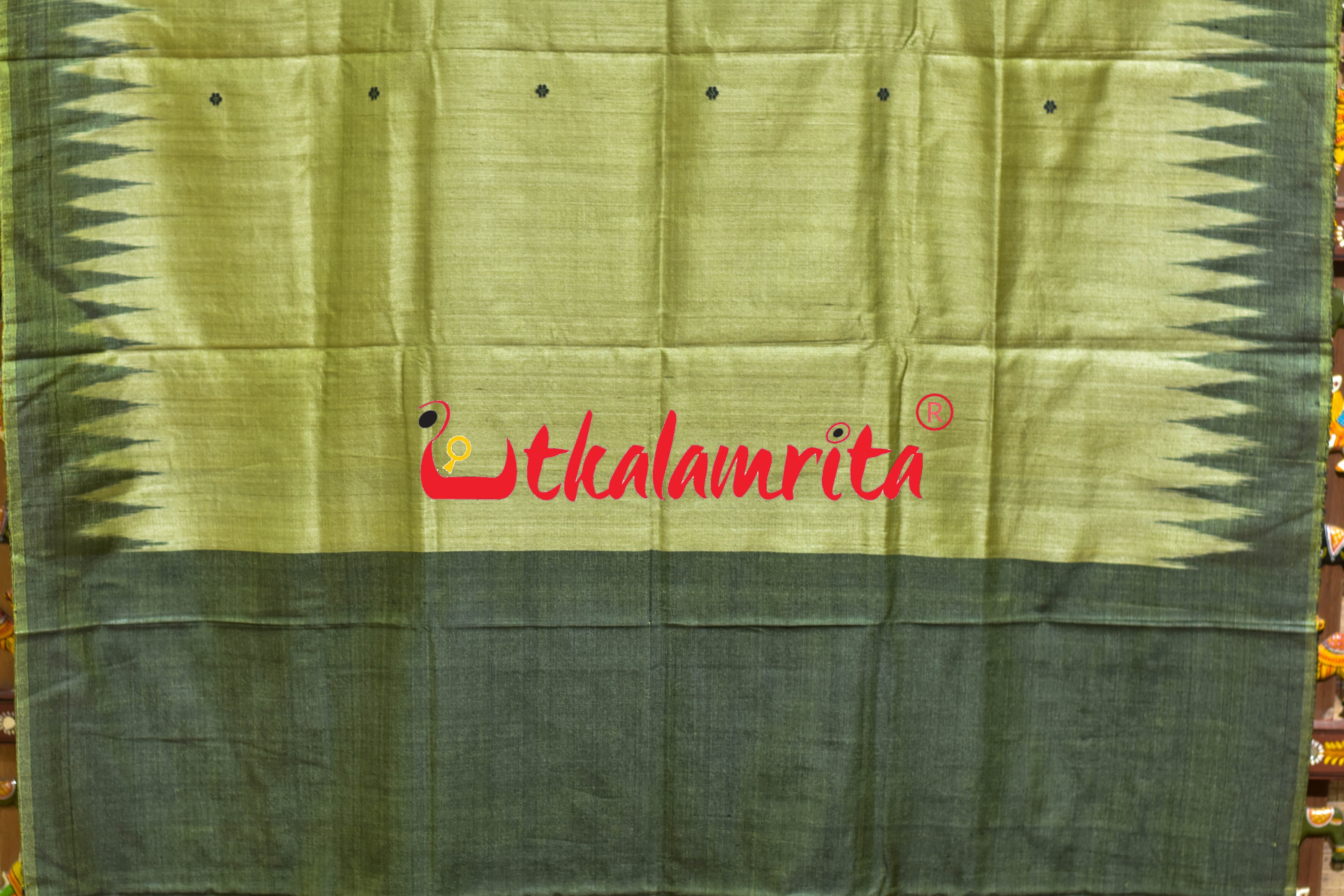 Mehndi Green Black Border Fine Gopalpur Tussar Silk Saree