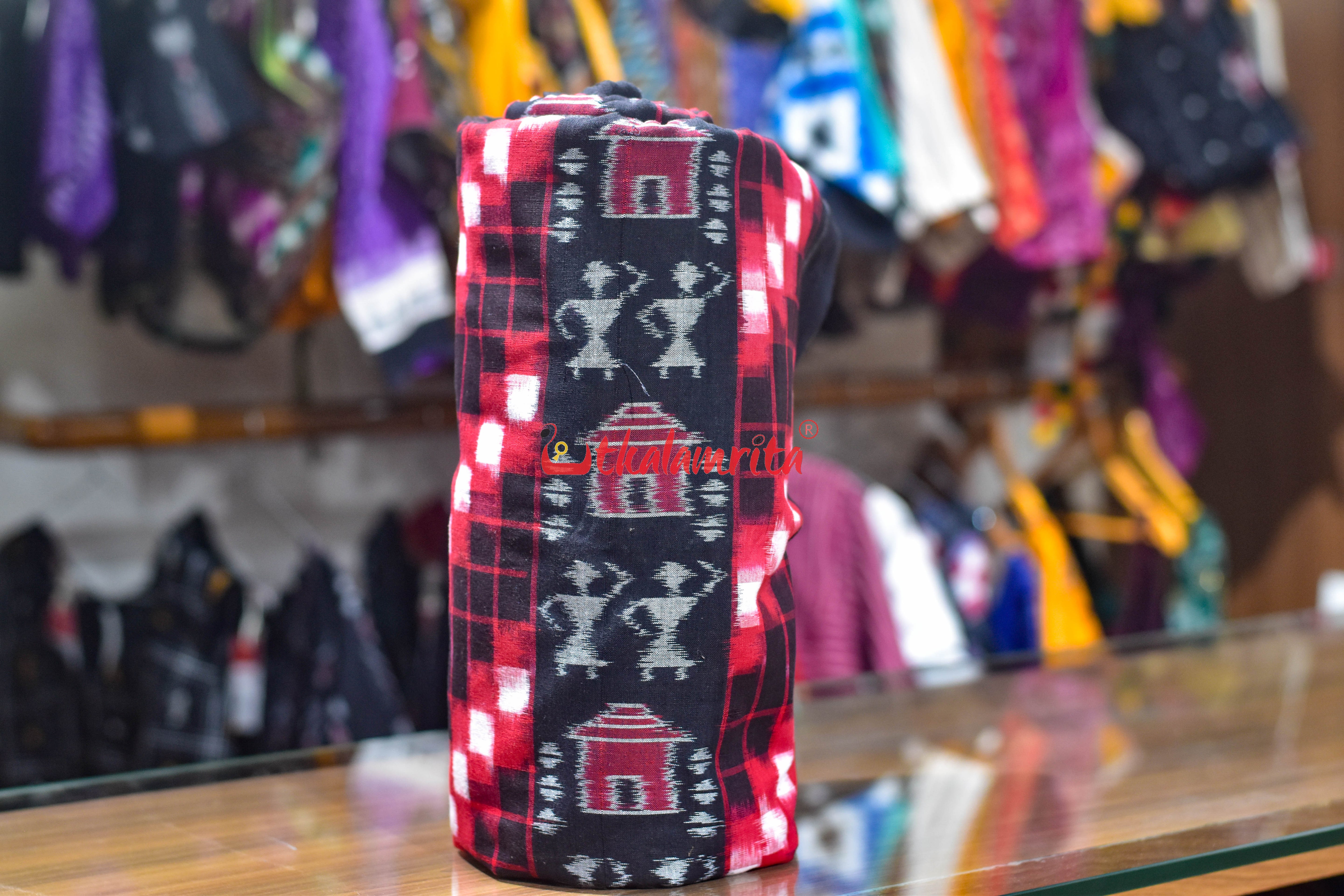 Black Red Tribal Lines Sambalpuri Cotton (Fabric)