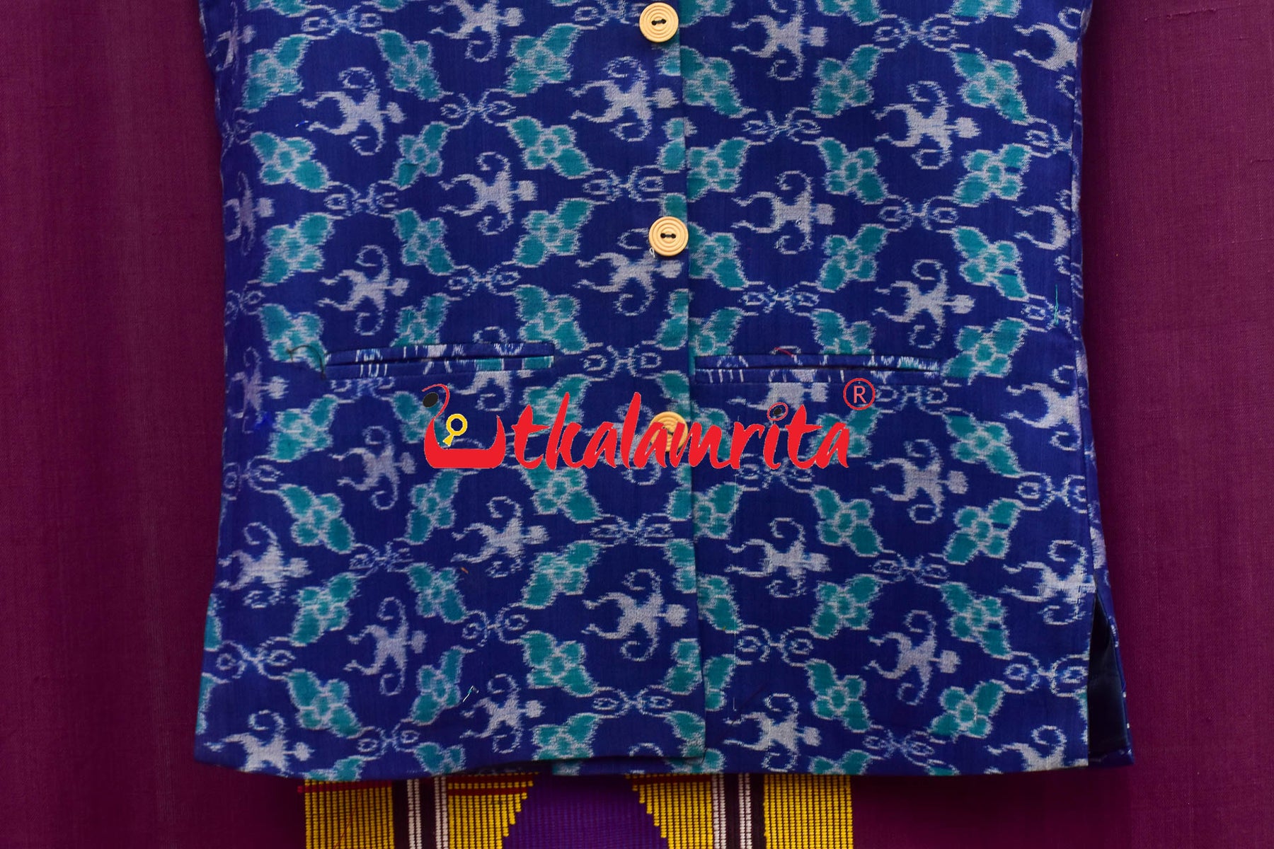 Royal Blue With Doll Flower Bandha Cotton (Men's Jacket)