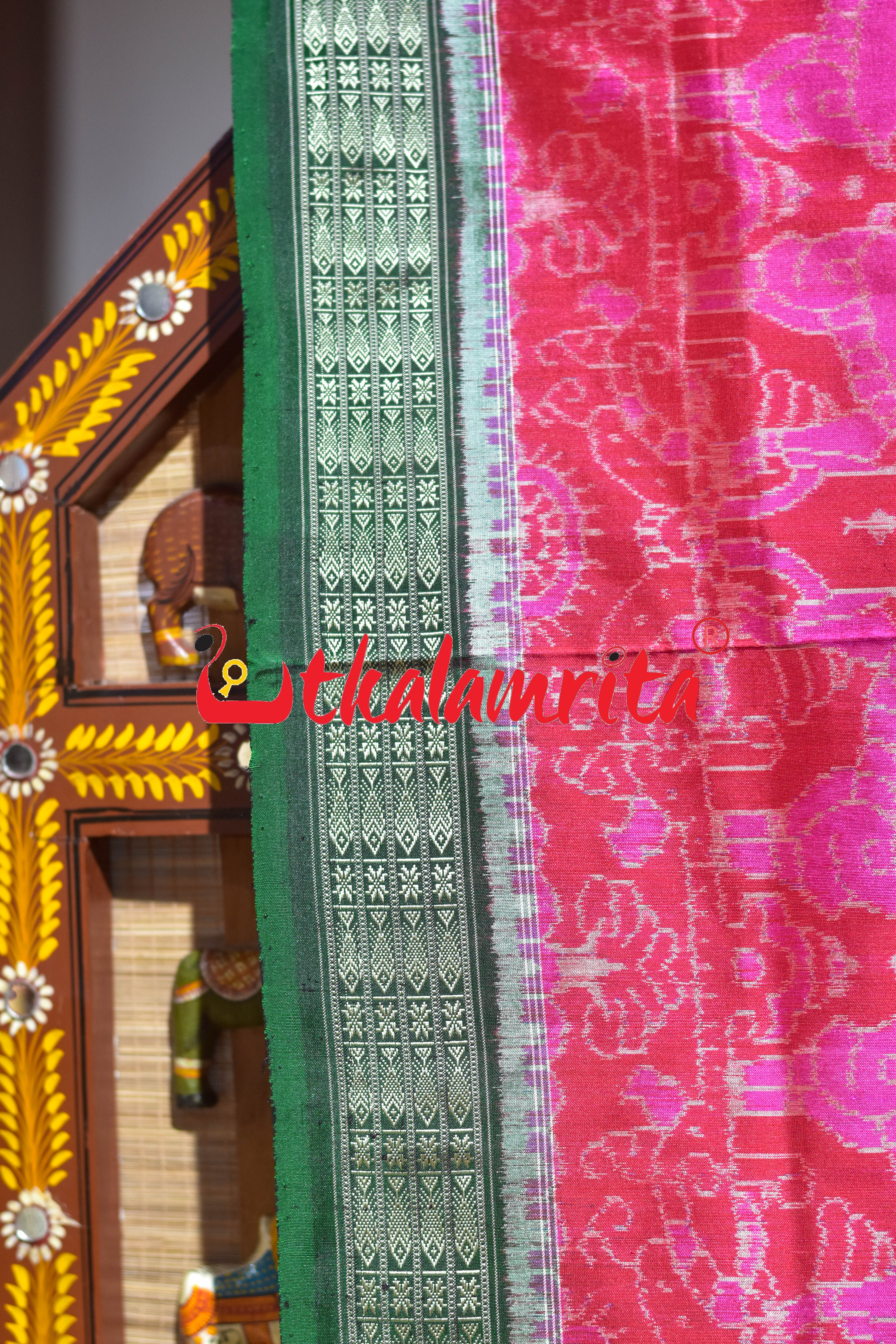 Pink Green Deer Sambalpuri Silk Saree
