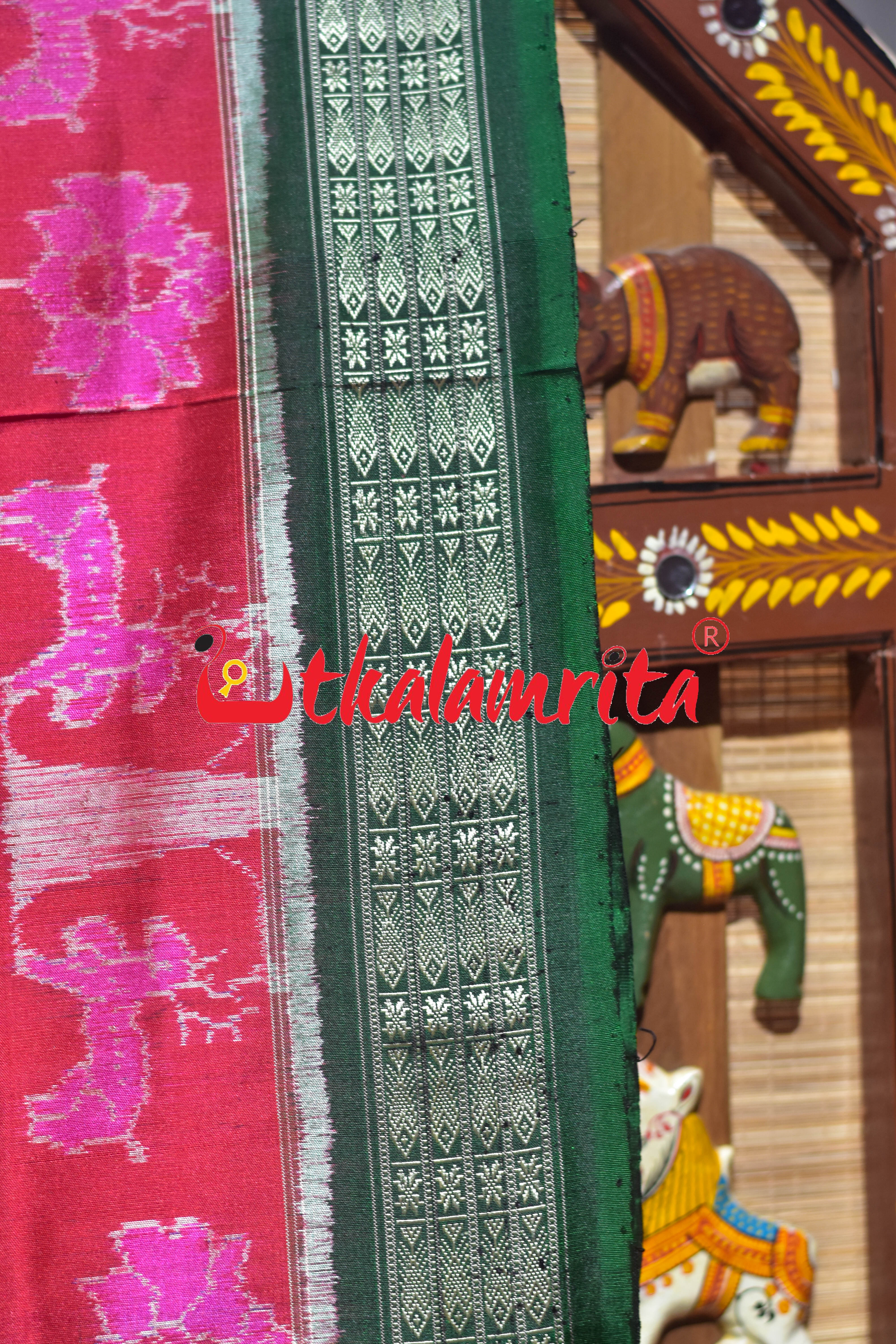 Pink Green Deer Sambalpuri Silk Saree