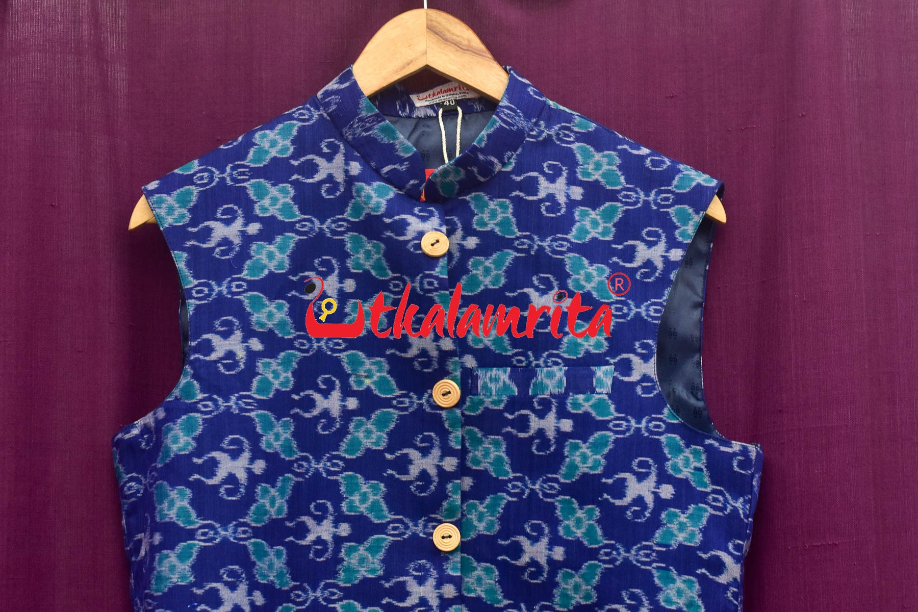 Royal Blue With Doll Flower Bandha Cotton (Men's Jacket)