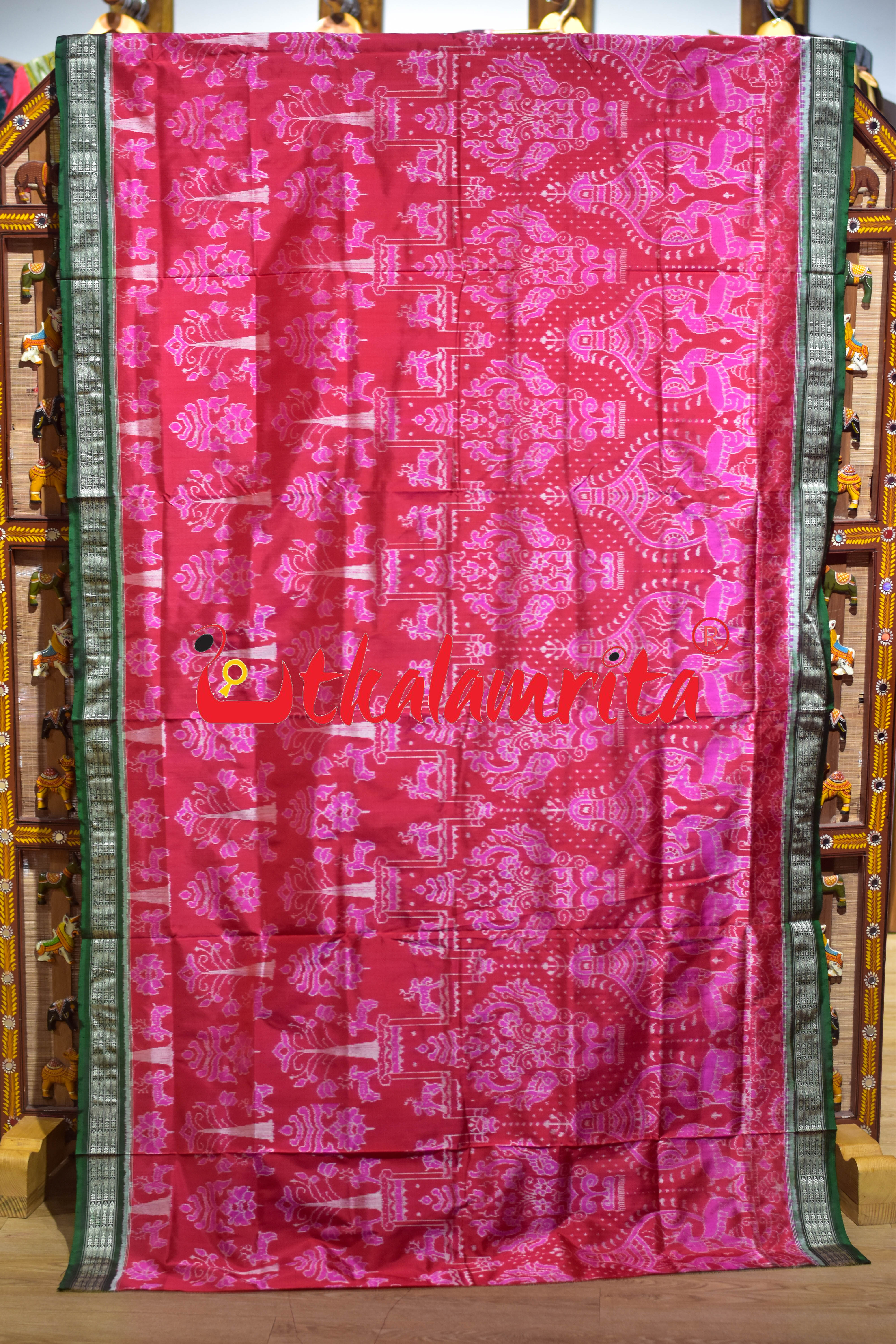 Pink Green Deer Sambalpuri Silk Saree