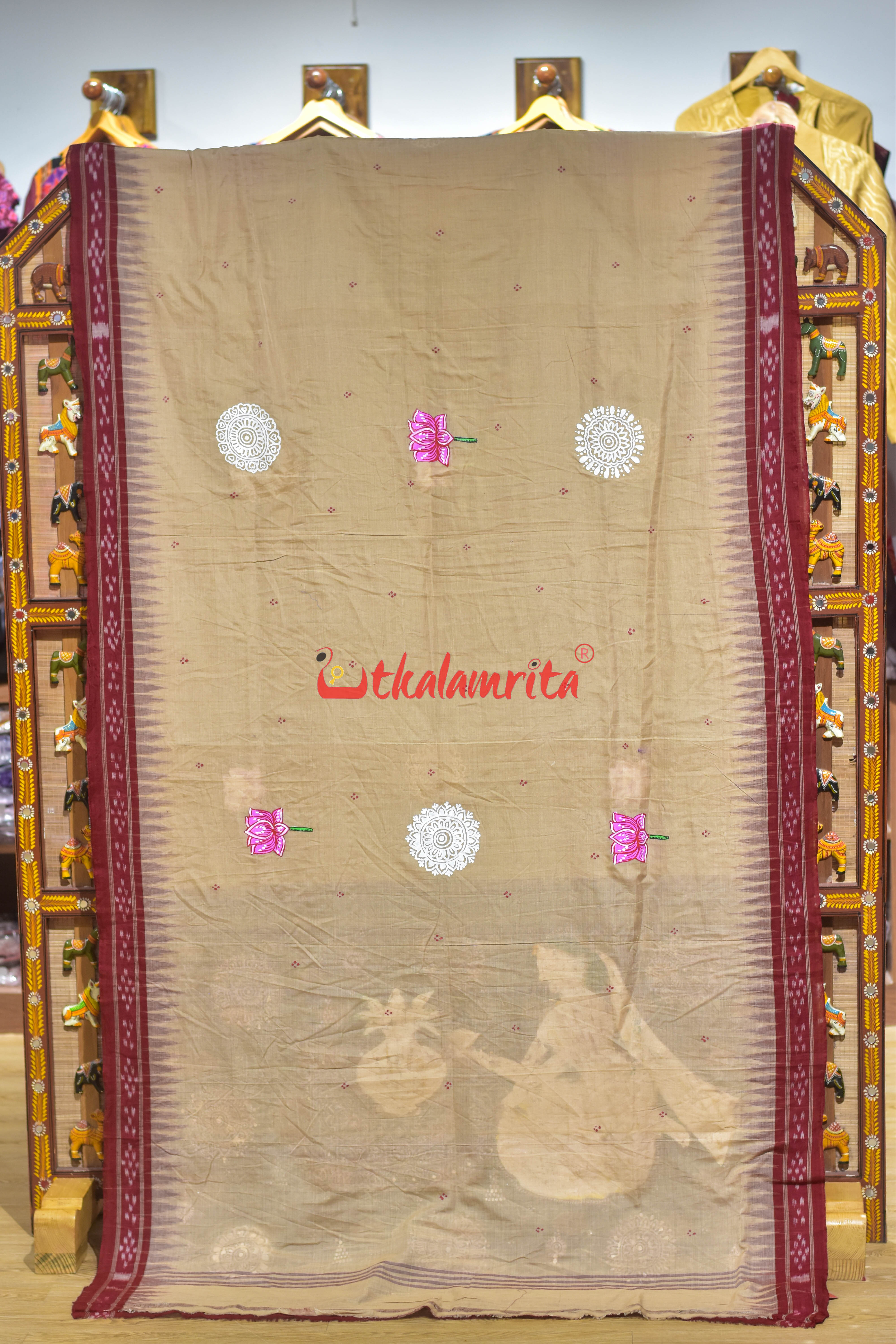 Ghee Maroon Chita Jhoti Pattachitra Cotton Saree