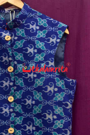 Royal Blue With Doll Flower Bandha Cotton (Men's Jacket)