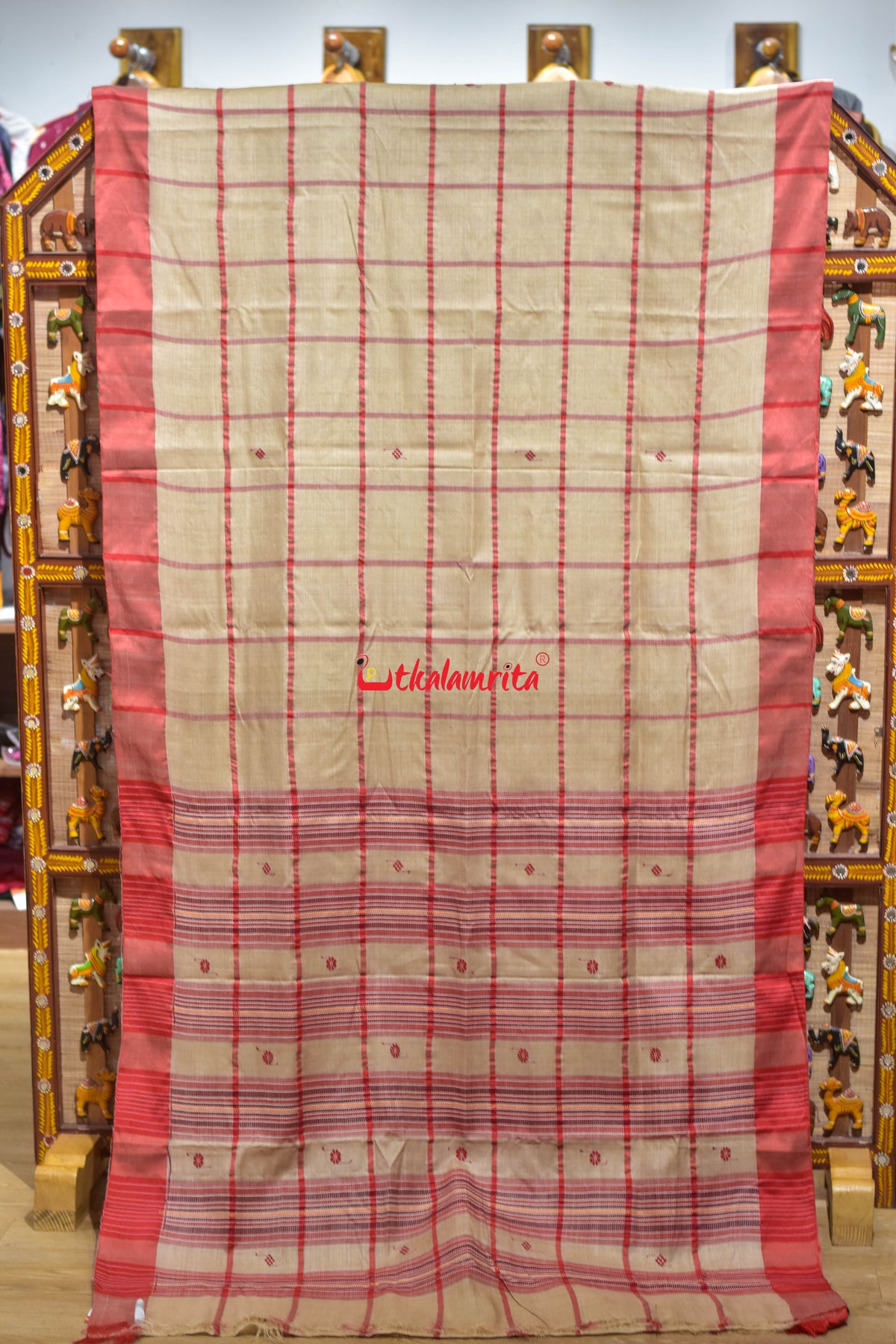 Big Check Red Santhal Tussar Saree