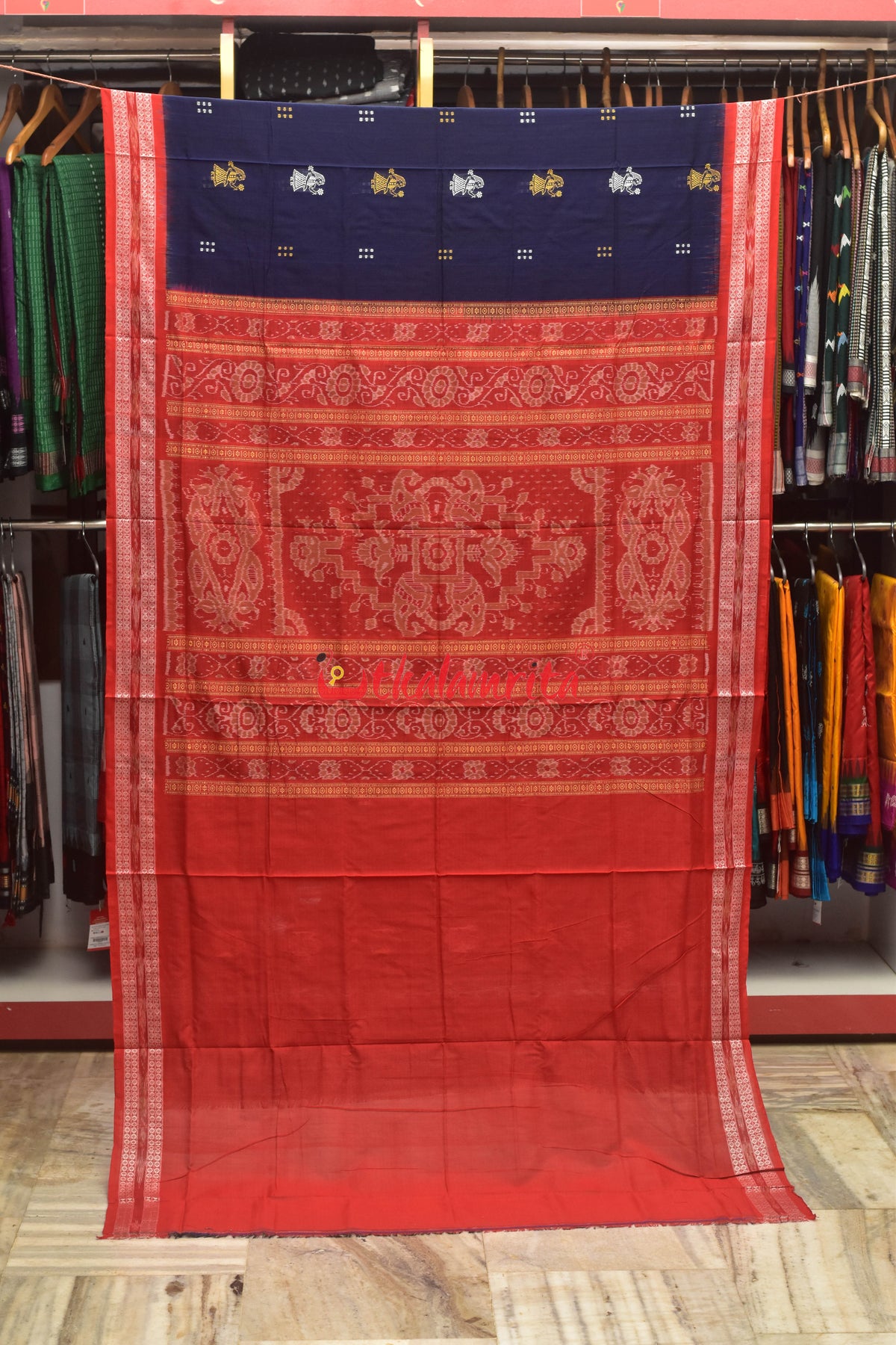 Blue Red Border Bandha Doll Bomkai Cotton Saree