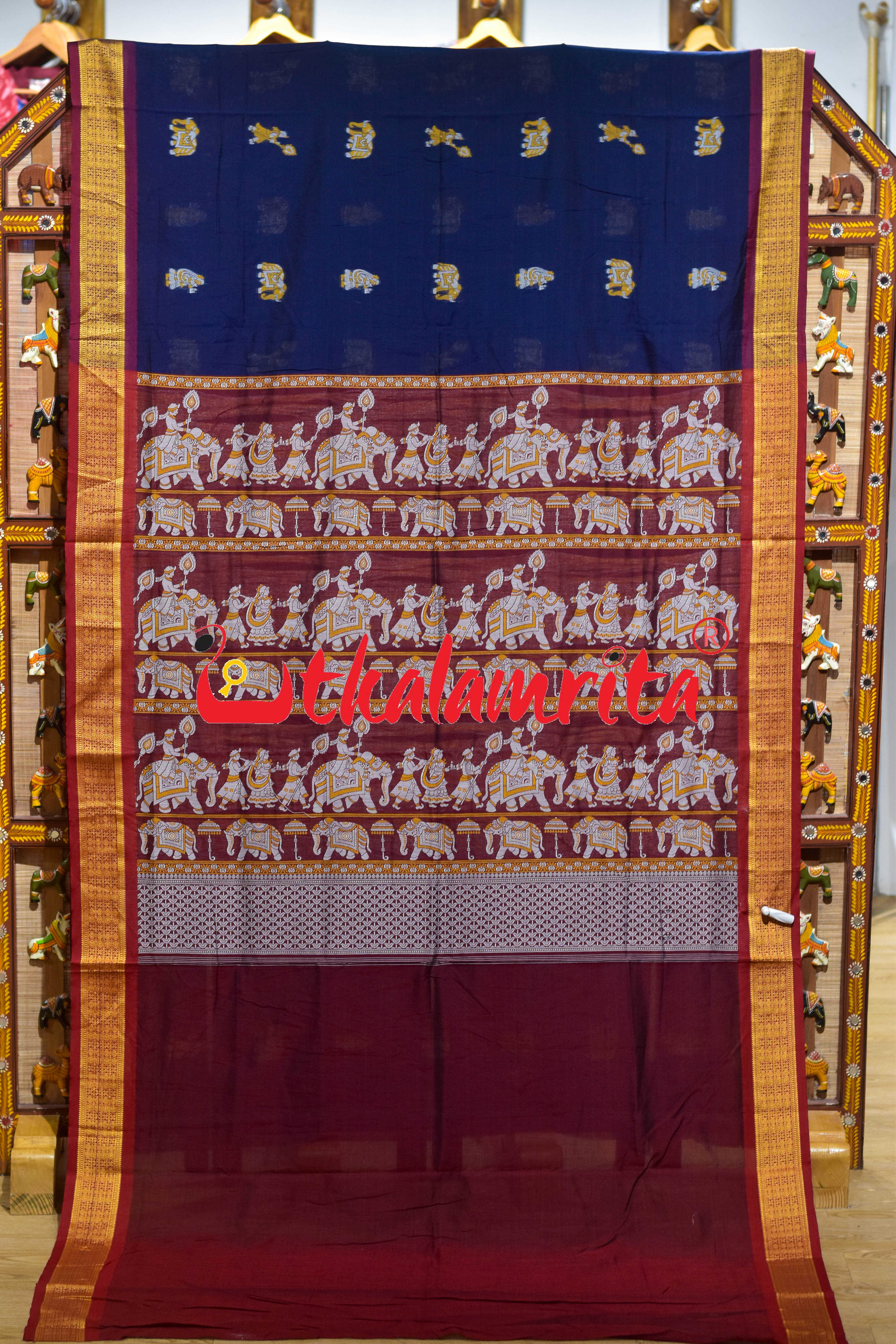 Blue Maroon King Theme Dobby Cotton Saree