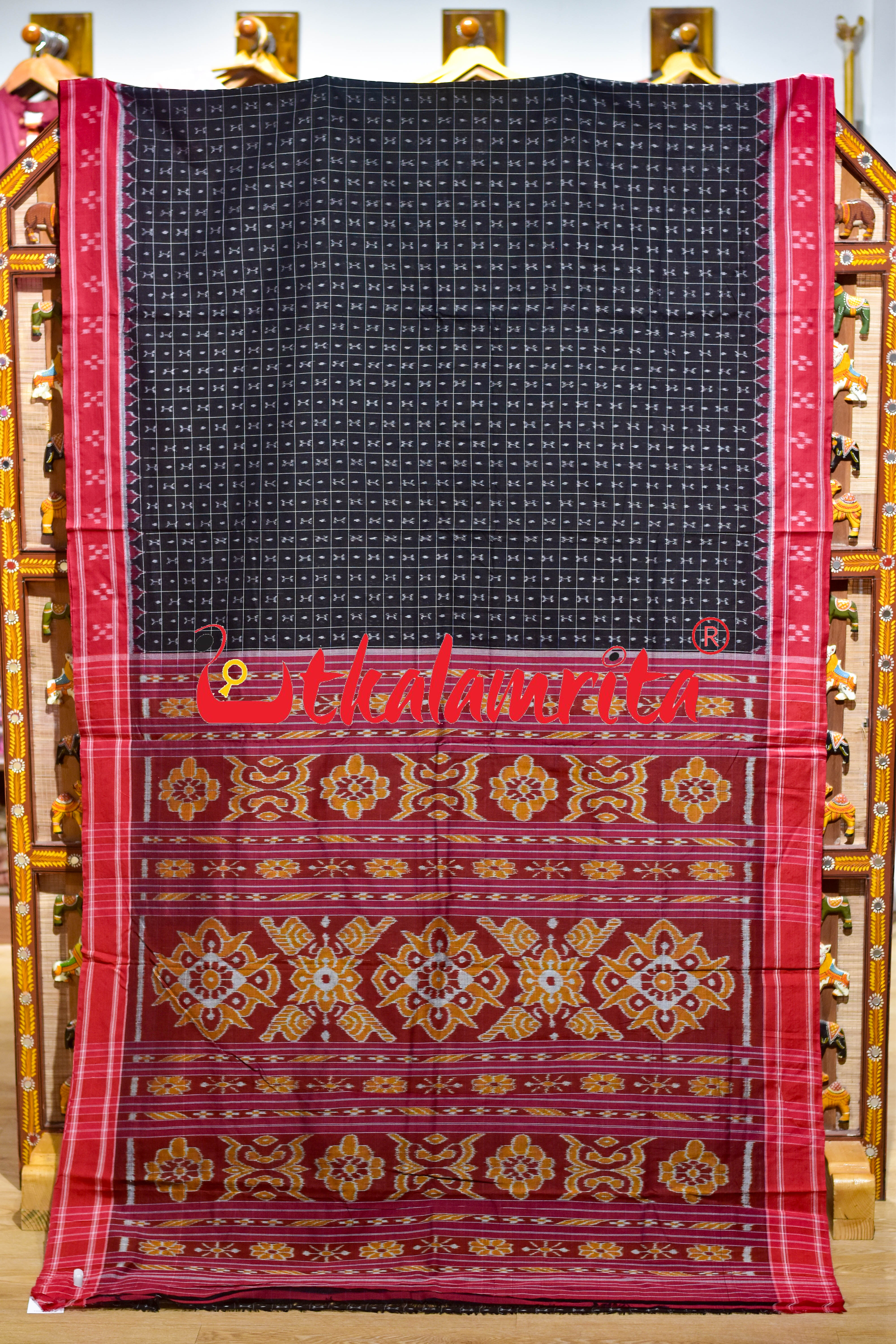 Black Red Parijata Khandua Cotton Saree