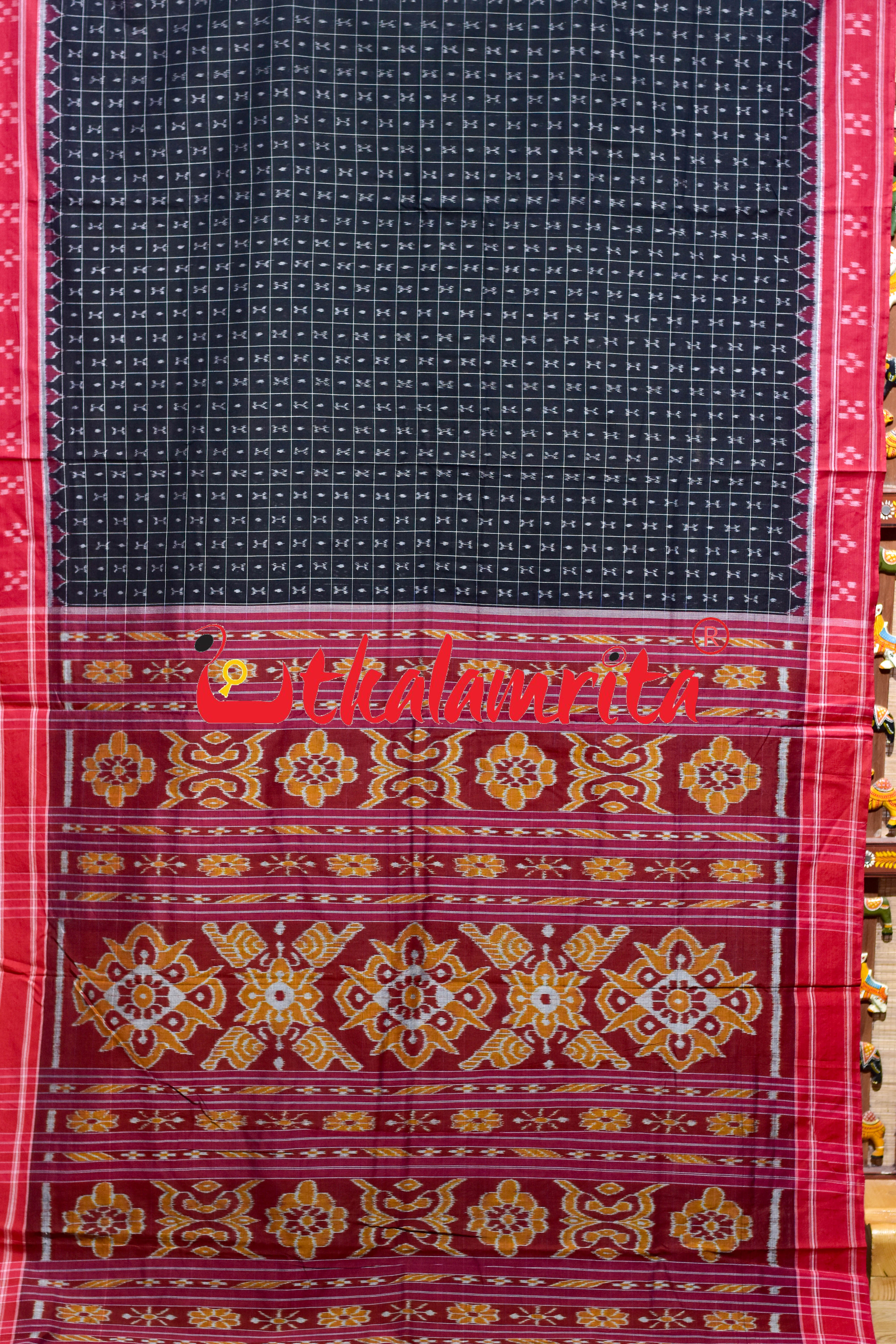 Black Red Parijata Khandua Cotton Saree