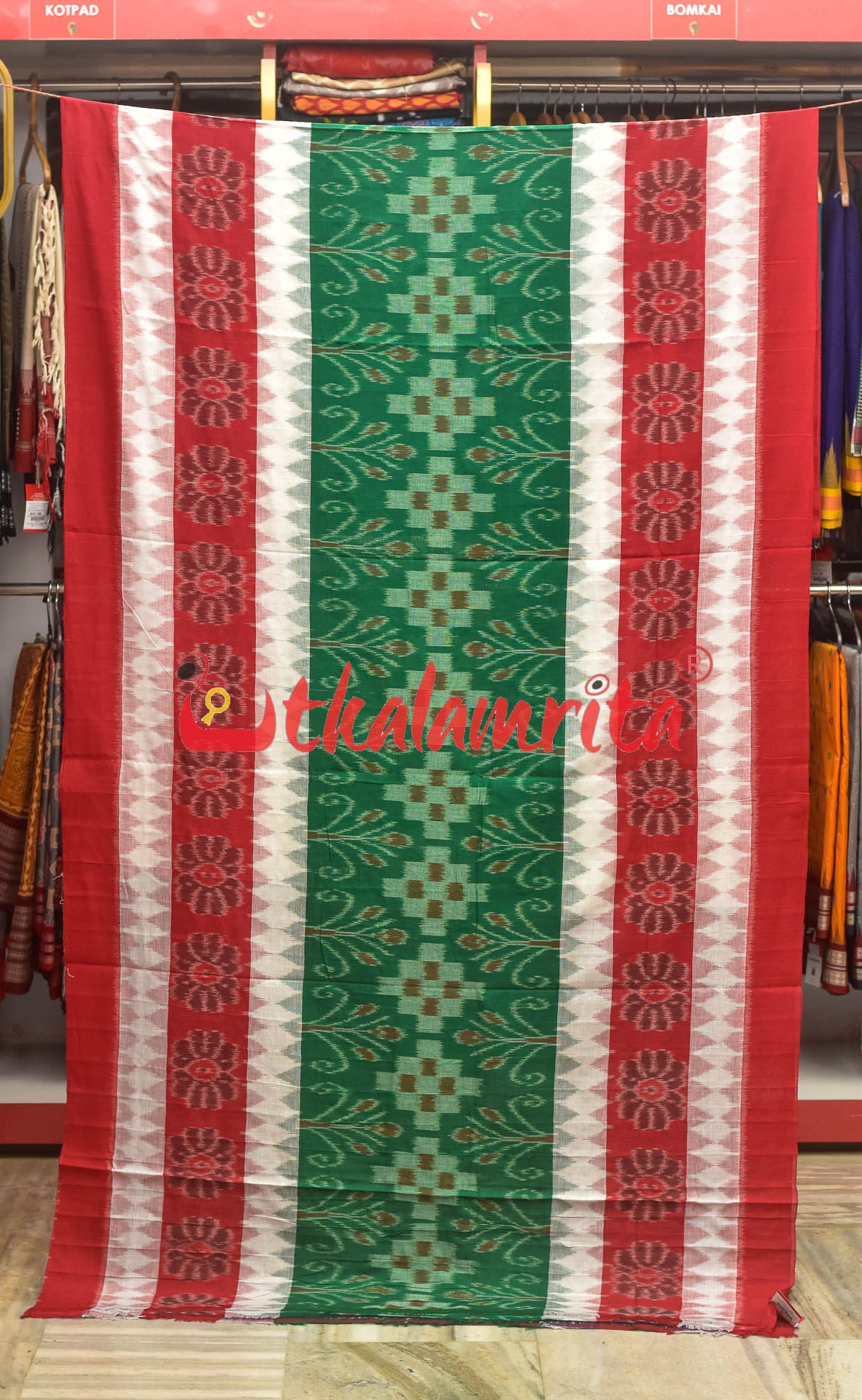 Green and Red Bandha Khandua Cotton Saree