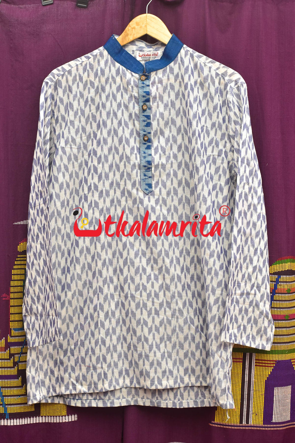 White Thikiri Sambalpuri Cotton (Mens Half Kurta)