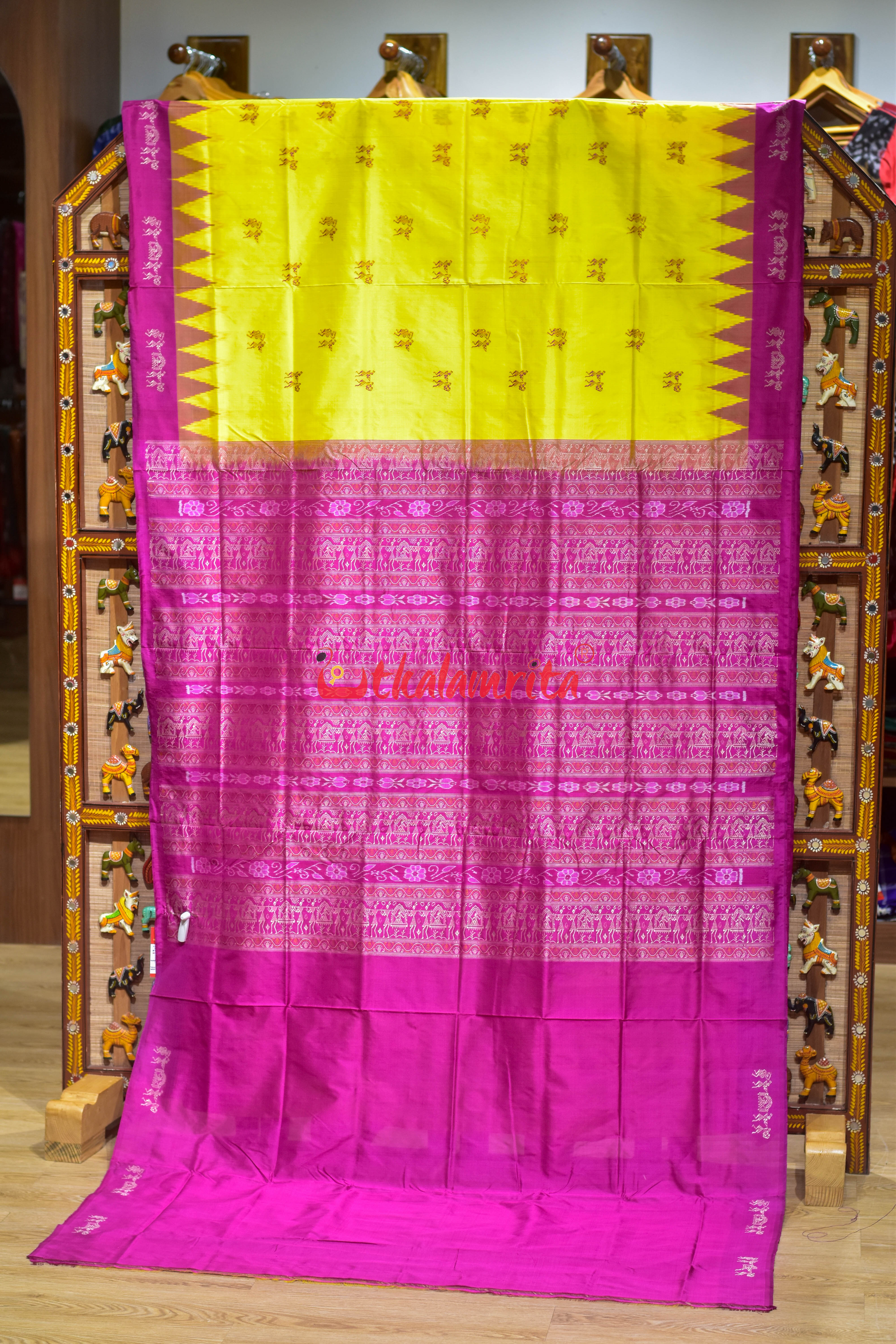 Yellow Rani Pink Tribal Elephant Bomkai silk Saree