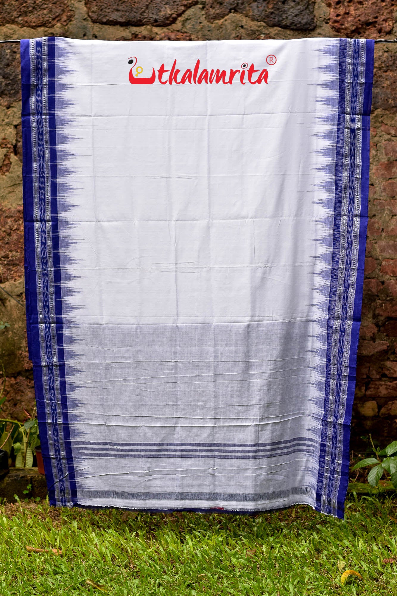 White Blue Kumbha Border Cotton Saree