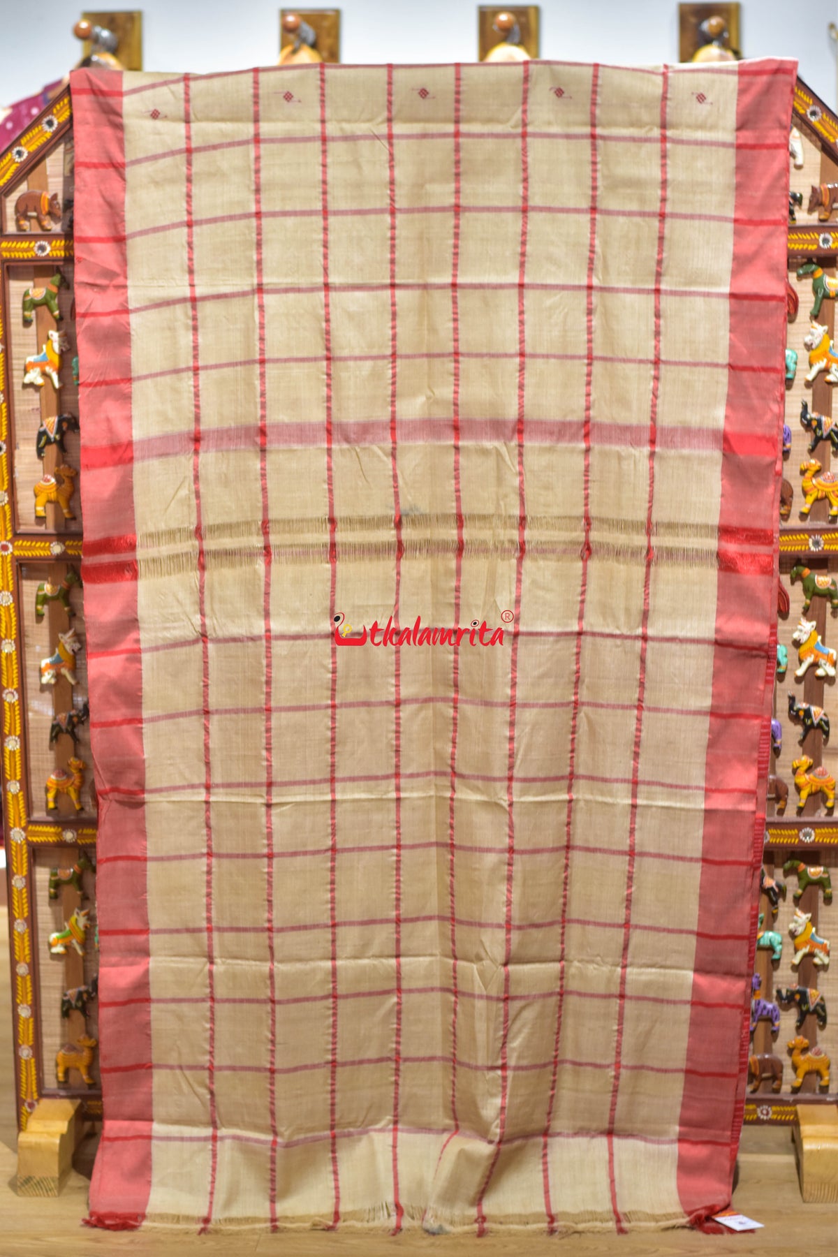 Big Check Red Santhal Tussar Saree