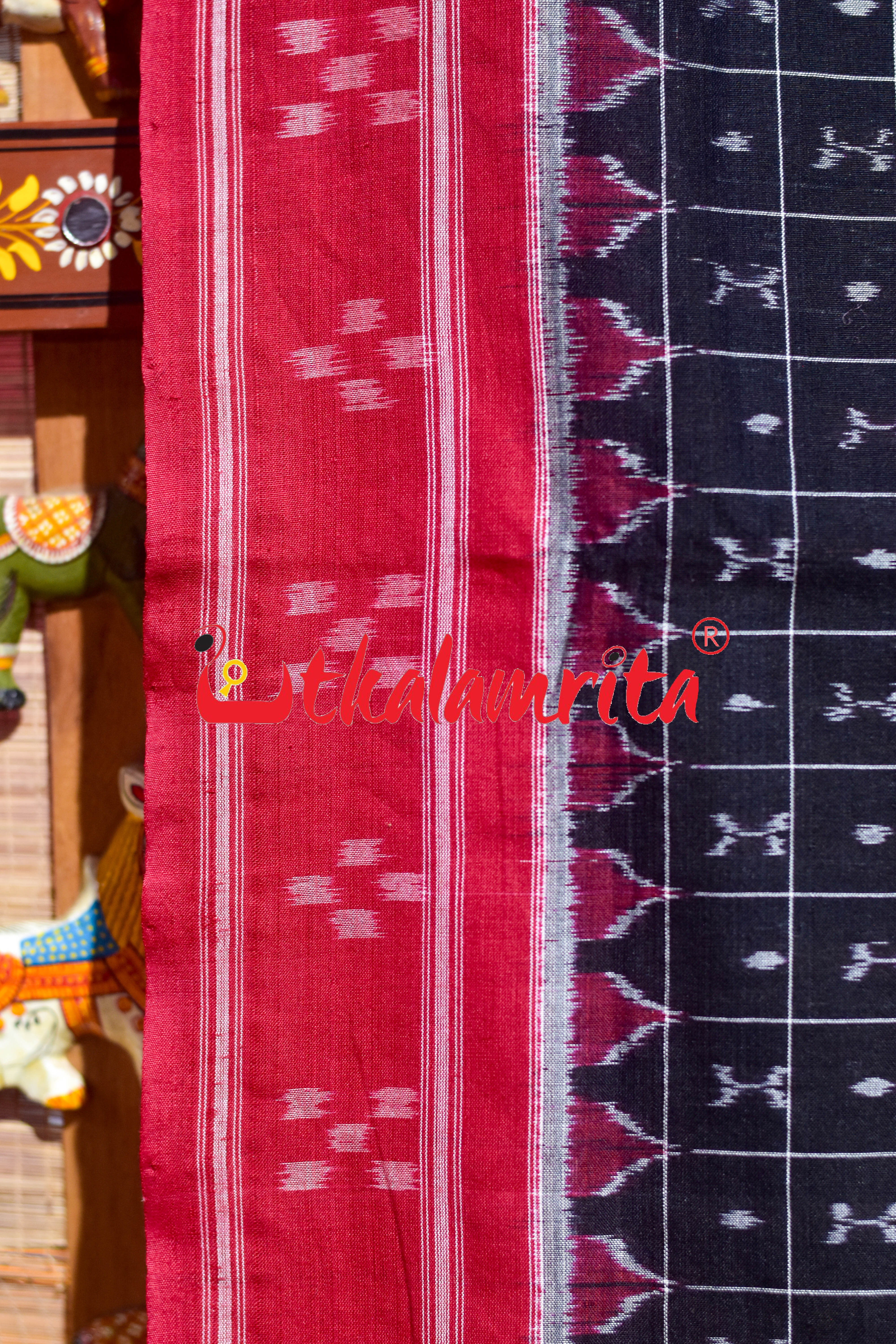 Black Red Parijata Khandua Cotton Saree