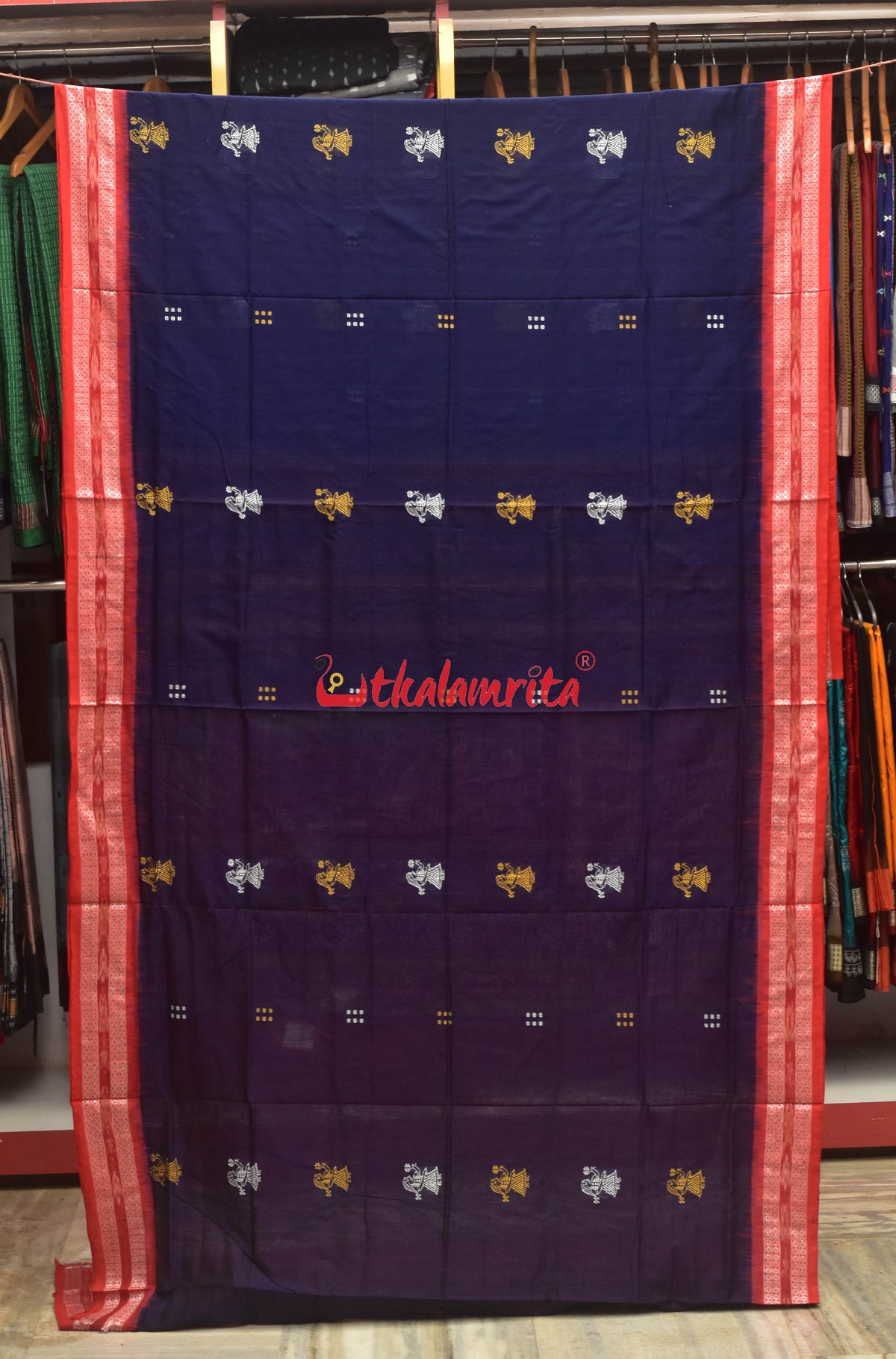 Blue Red Border Bandha Doll Bomkai Cotton Saree