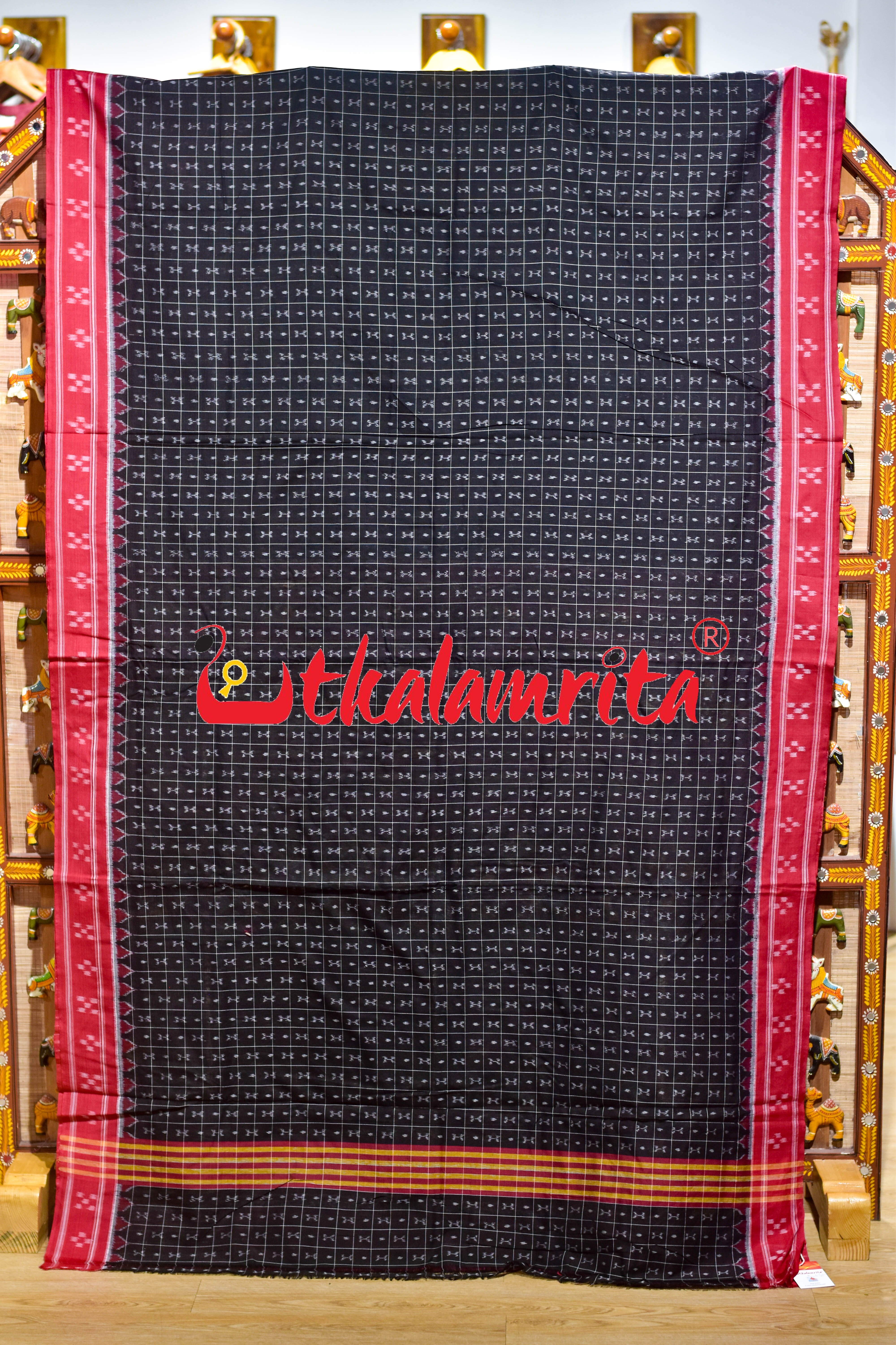 Black Red Parijata Khandua Cotton Saree