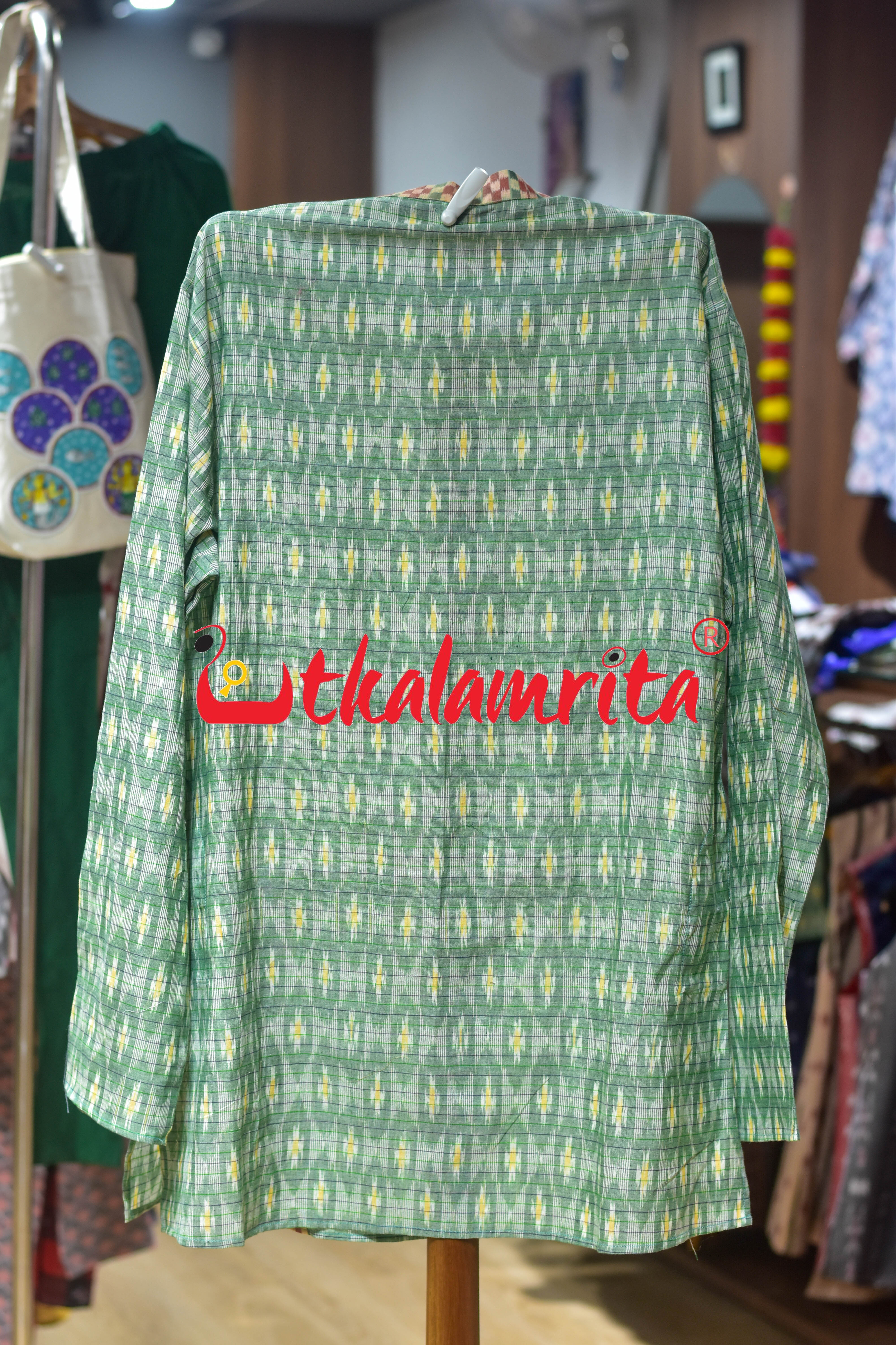 Green Checks Star Odia Letters (Men's Asymmetric Short kurta)