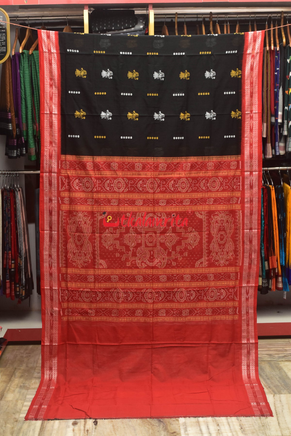 Black Red Line Buti Doll Bomkai Cotton Saree