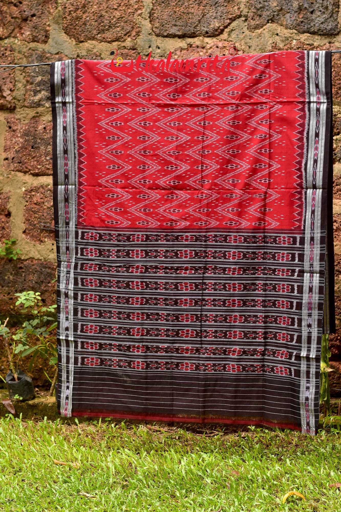 Maroon Black Flower Bandha Khandua Cotton Saree