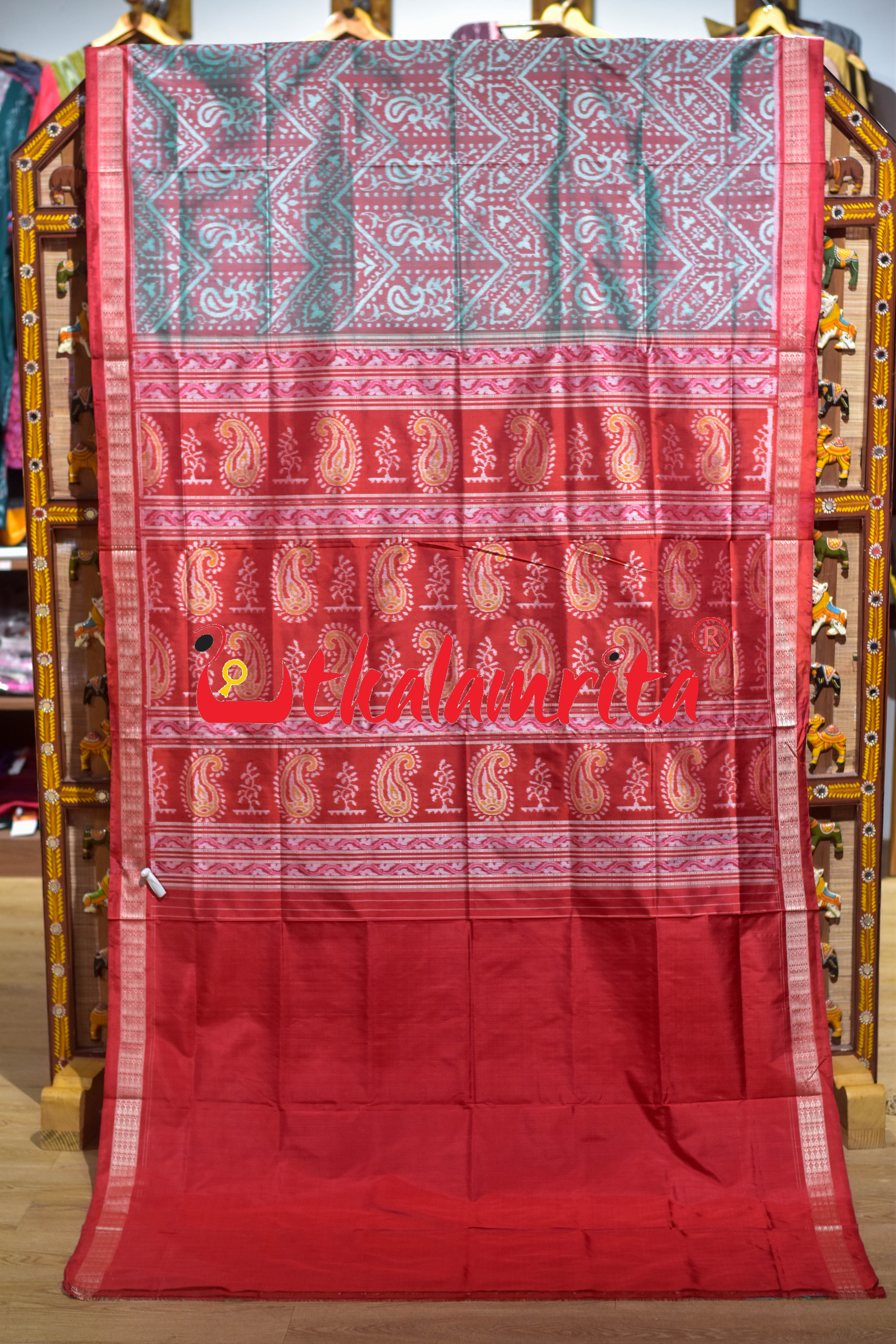 Turquoise Red Sambalpuri Bandha Silk Saree