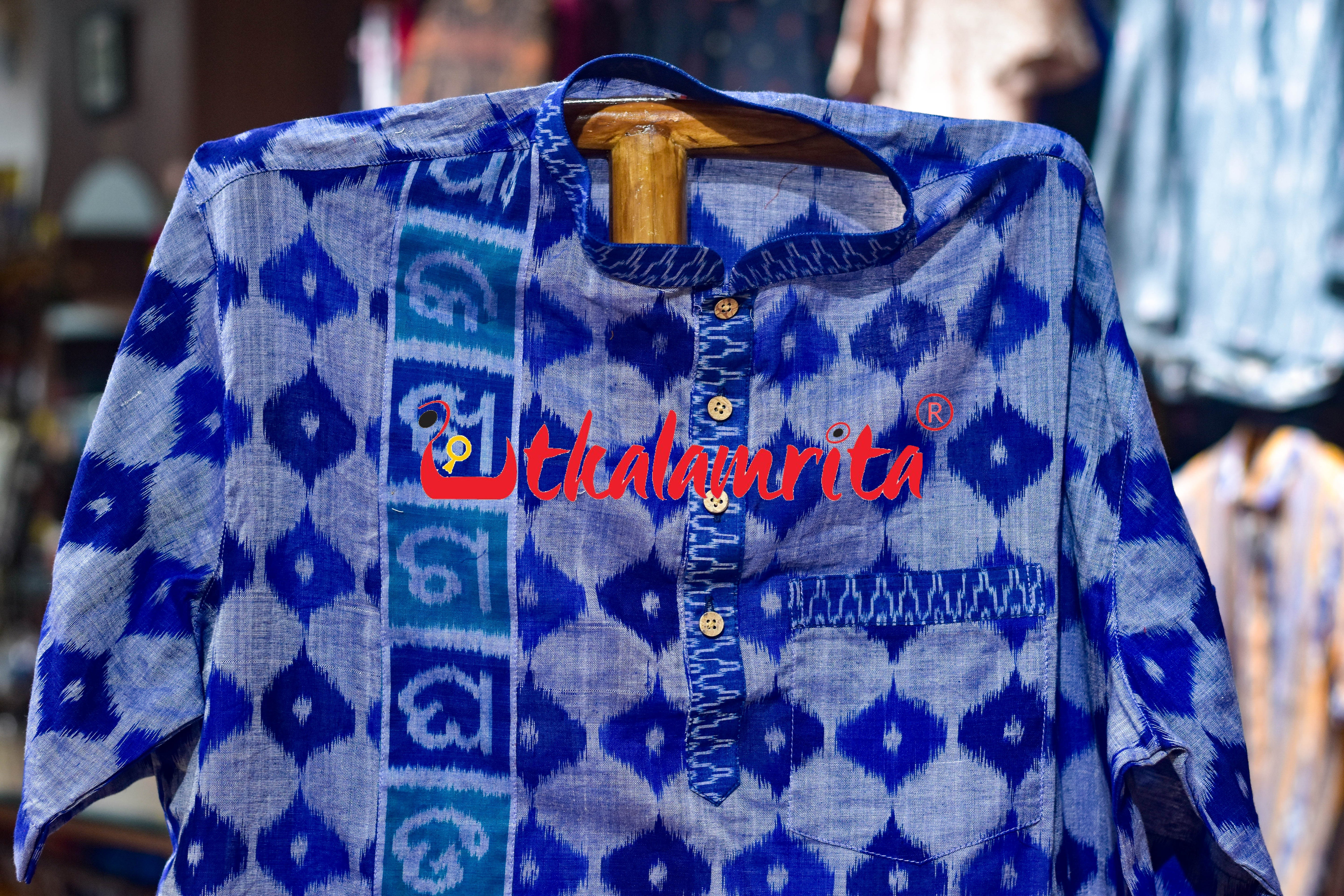 Blue 3D Illusions Ikat Odia Alphabets (Men's Short Kurta)
