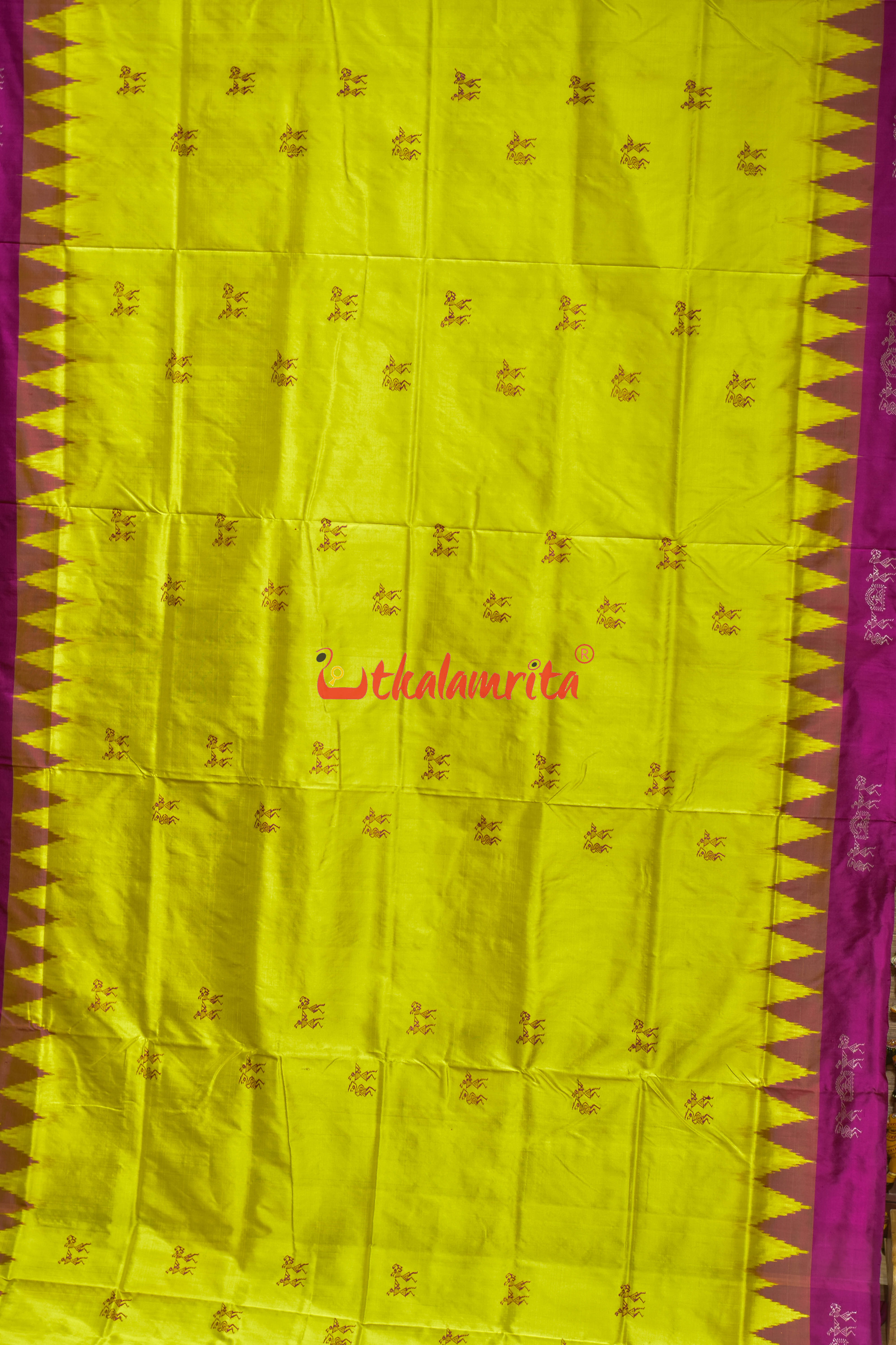 Yellow Rani Pink Tribal Elephant Bomkai silk Saree