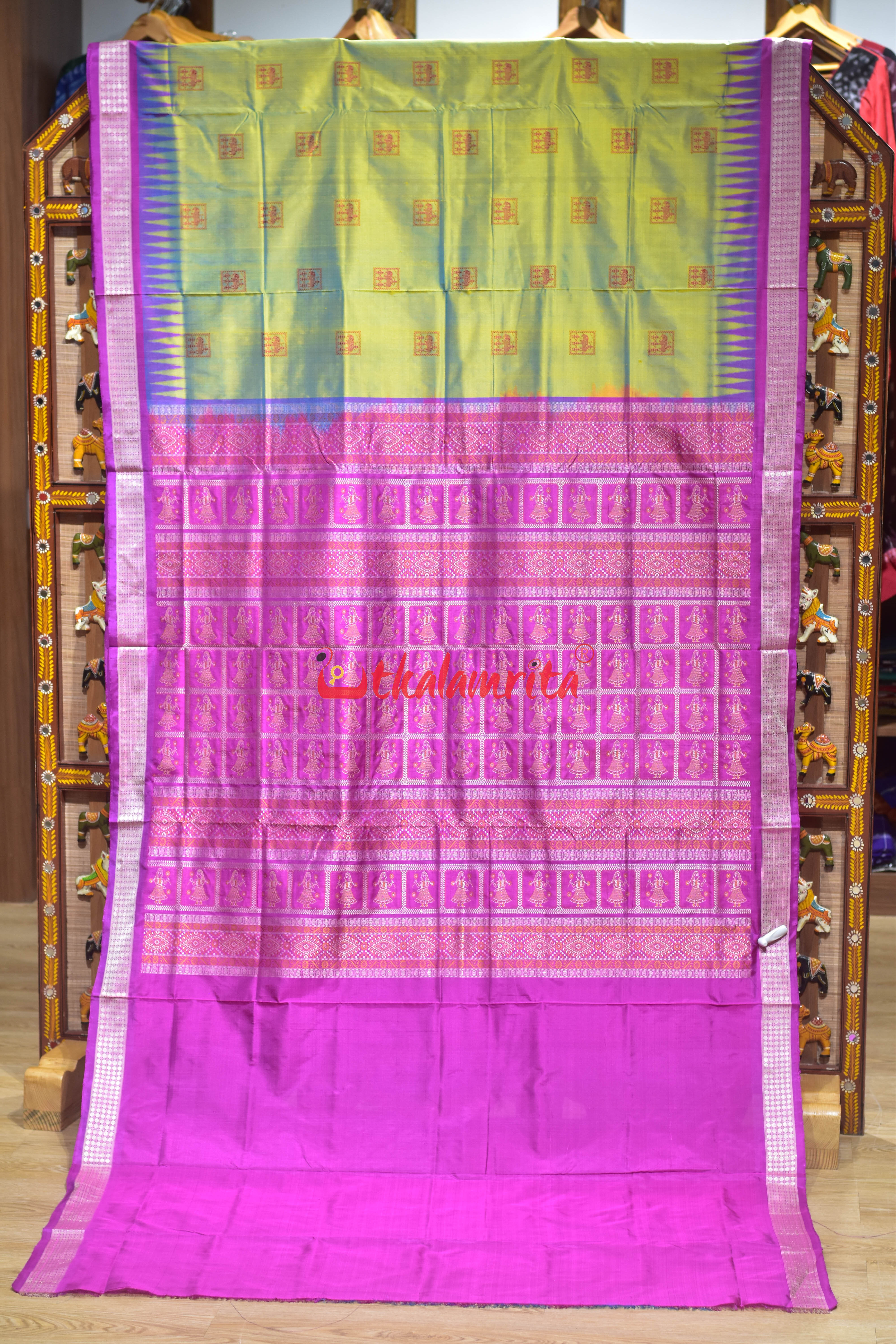 Green Pink Dual Shade Tribal Elephant Bomkai Silk Saree