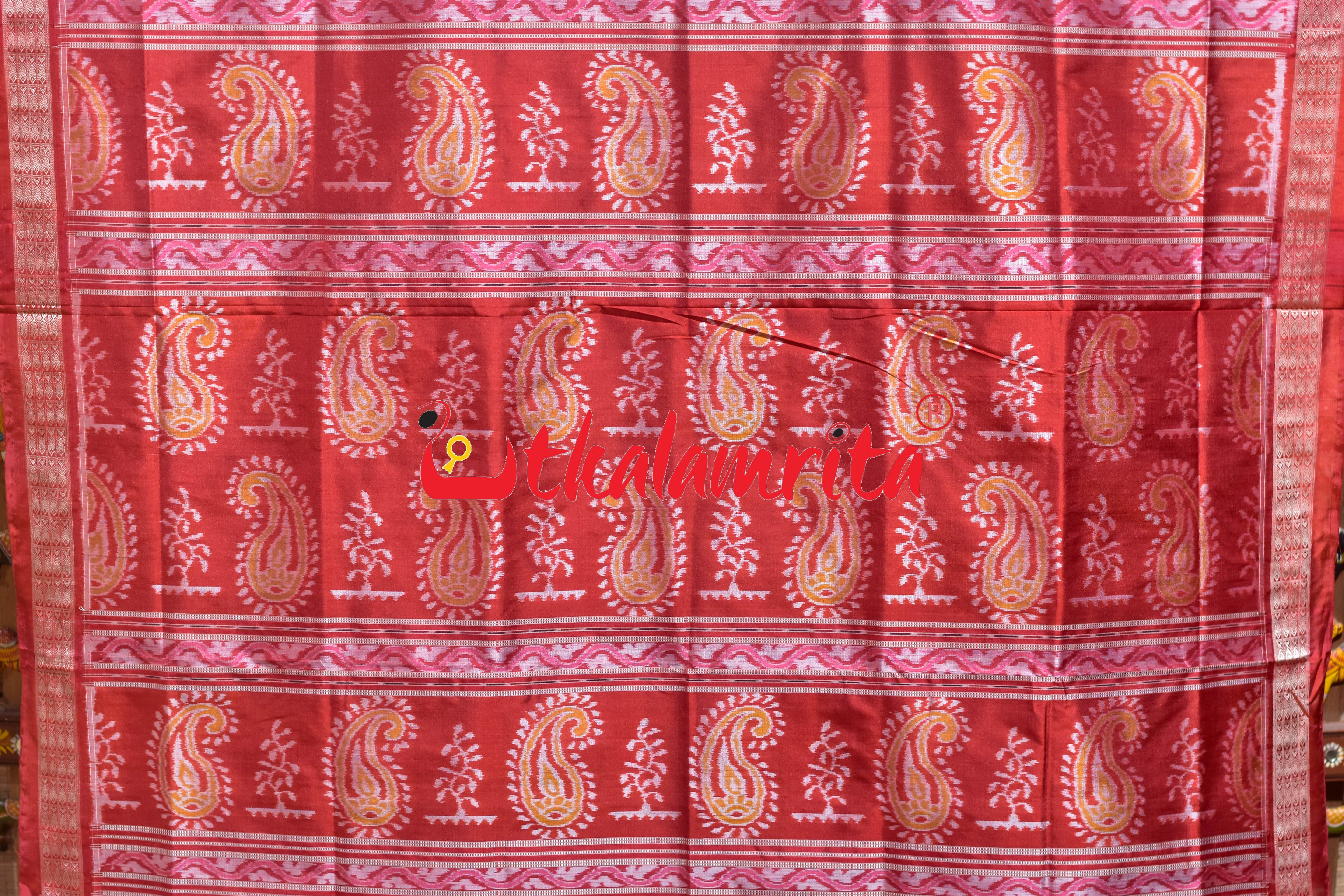 Turquoise Red Sambalpuri Bandha Silk Saree
