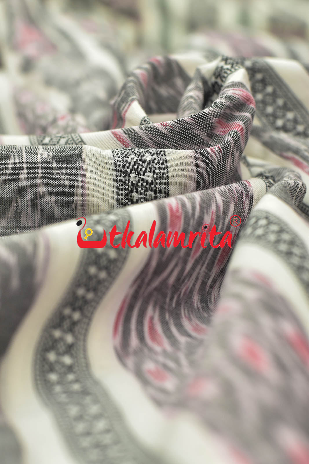 Grey and Red Bandha on White (Fabric)