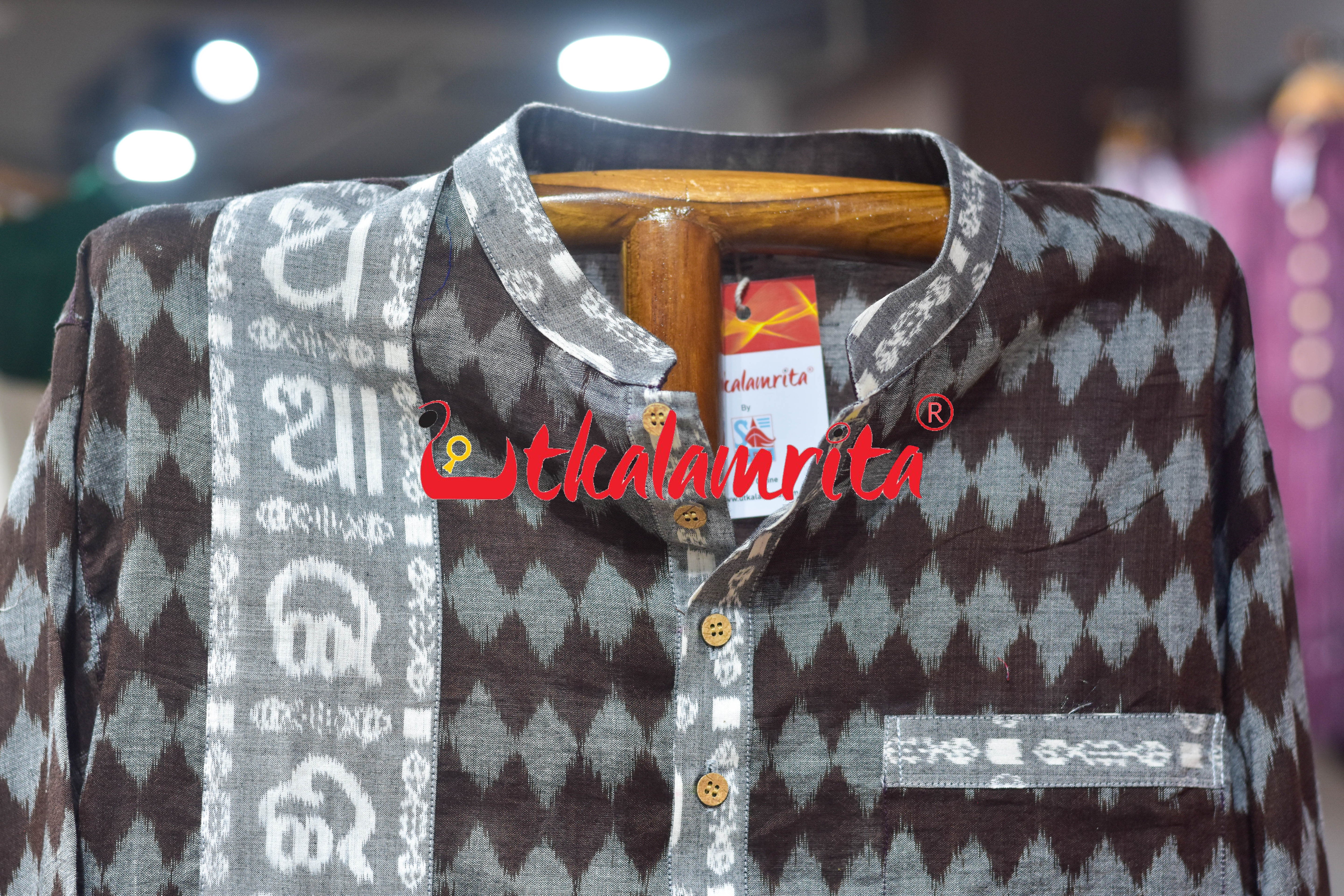 Grey Dots on Coffee Ikat Designer (Men's Short Kurta)