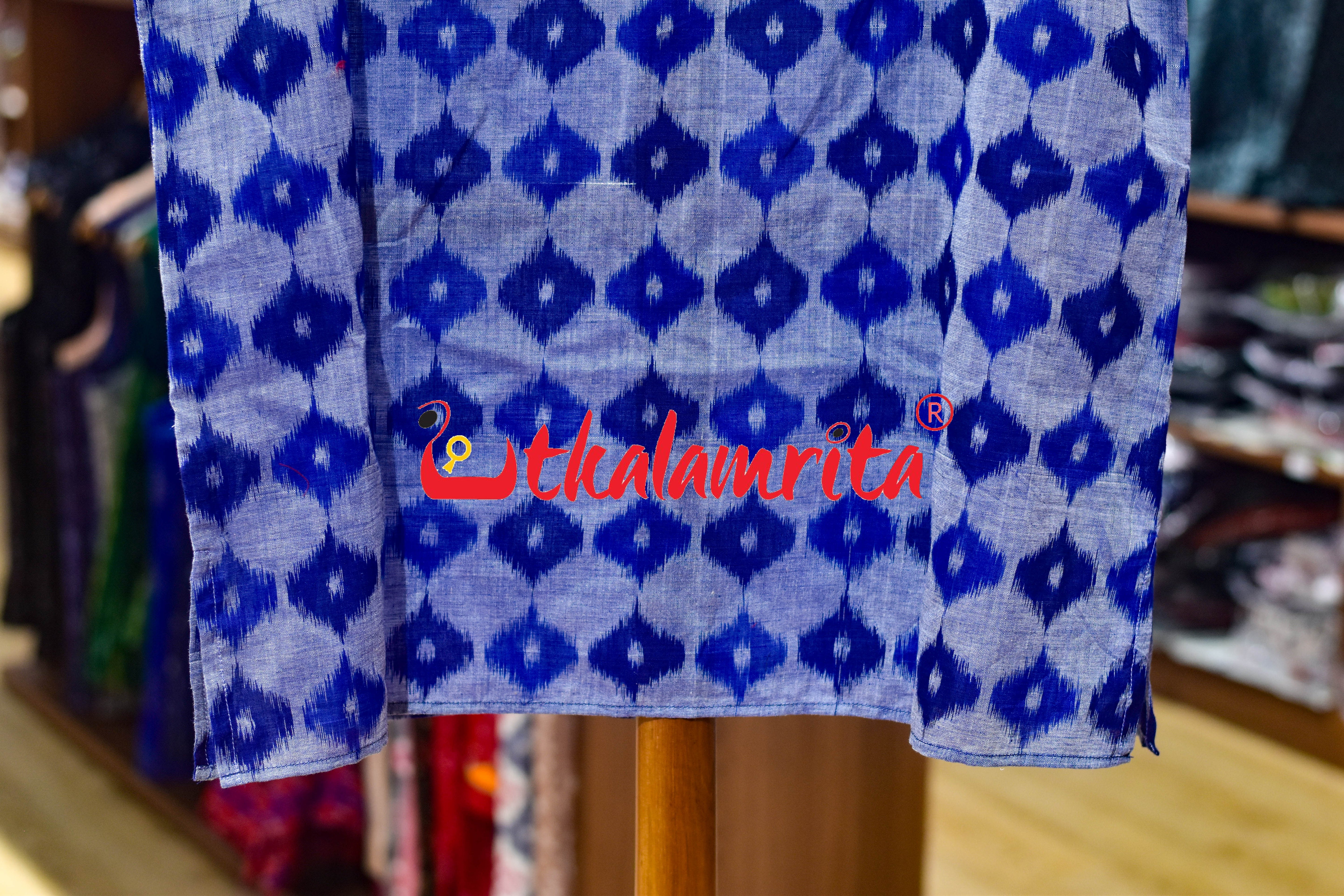 Blue 3D Illusions Ikat Odia Alphabets (Men's Short Kurta)