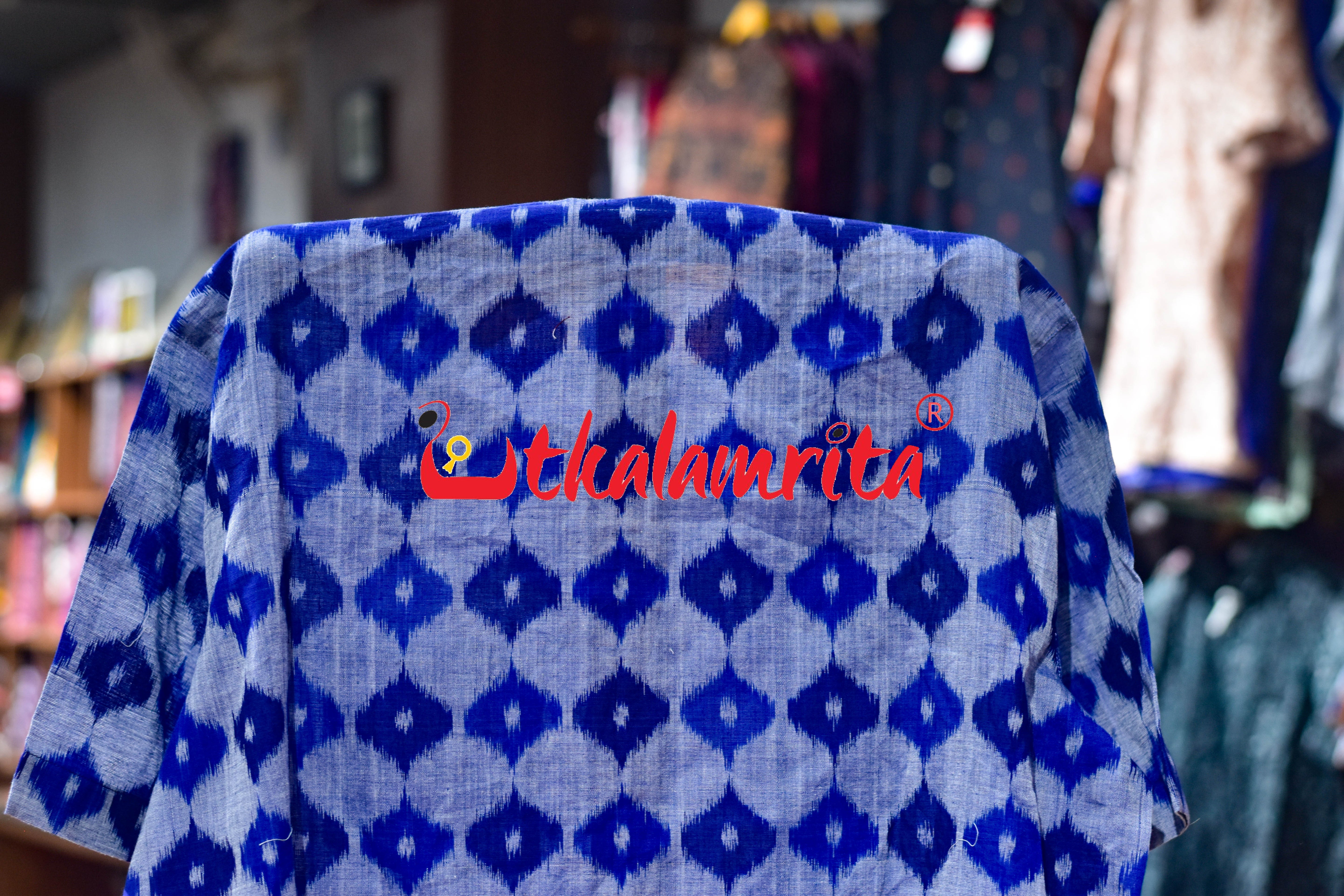 Blue 3D Illusions Ikat Odia Alphabets (Men's Short Kurta)