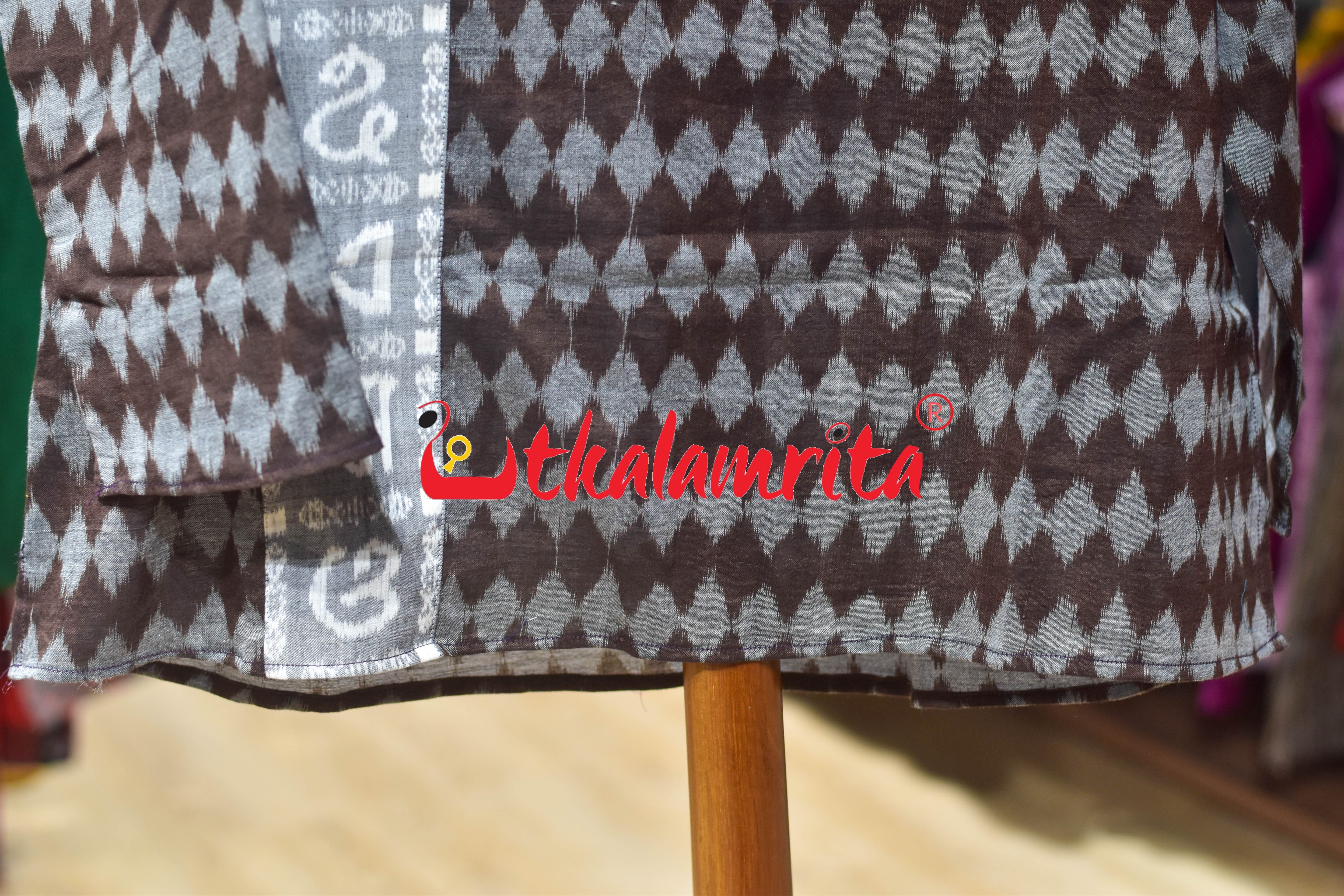 Grey Dots on Coffee Ikat Designer (Men's Short Kurta)